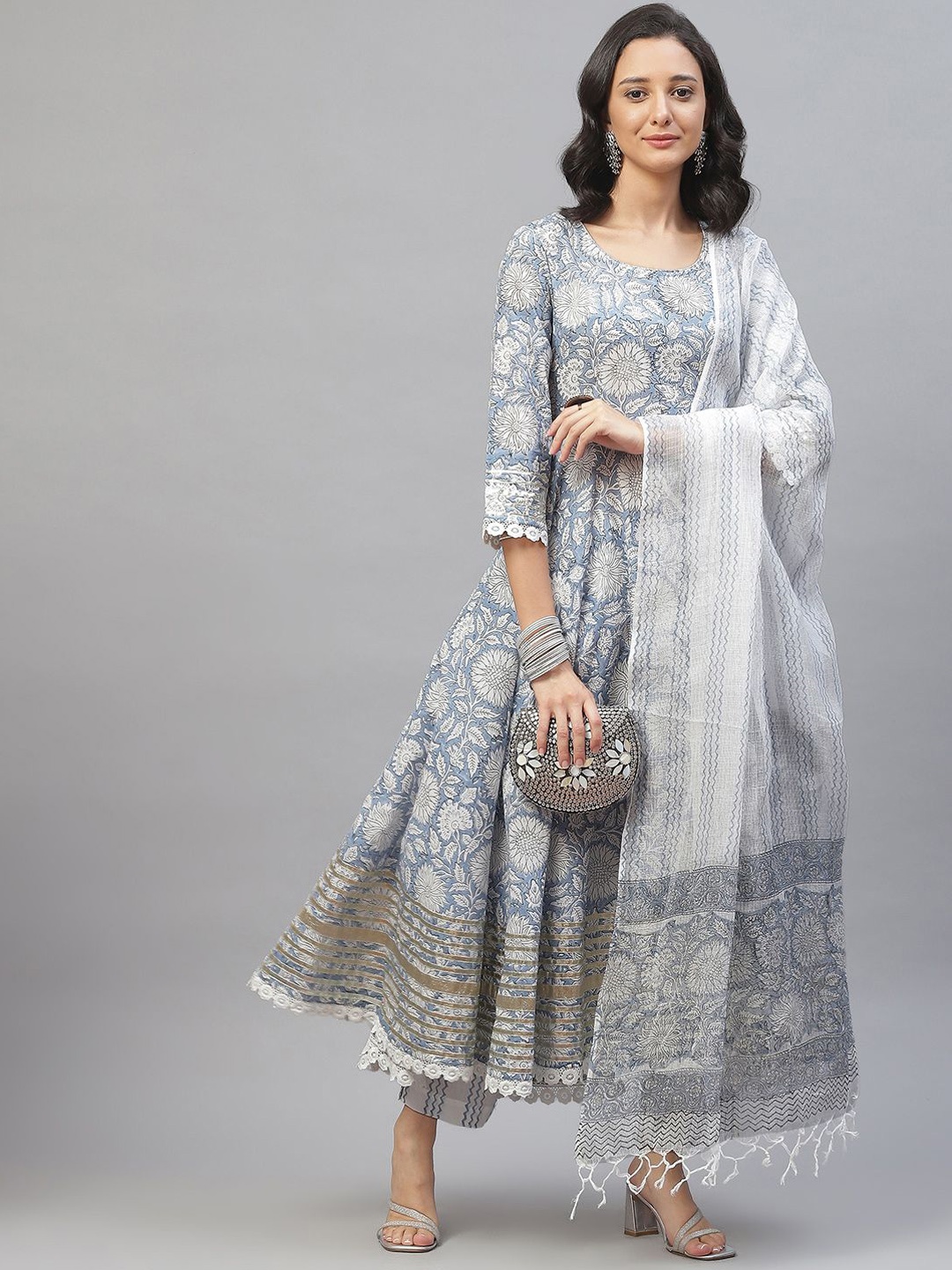 

Chandbaali Floral Printed Gotta Patti Pure Cotton Anarkali Kurta With Trousers And Dupatta, Blue