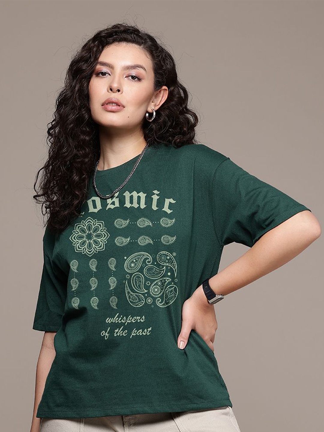

The Roadster Lifestyle Co. Women Graphic Printed Round Neck Cotton Oversized T-shirt, Green