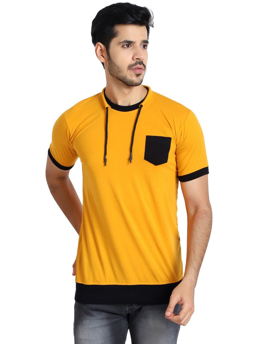 

Black Collection Men Solid Round Neck Cotton Slim Fit T-shirt, Mustard