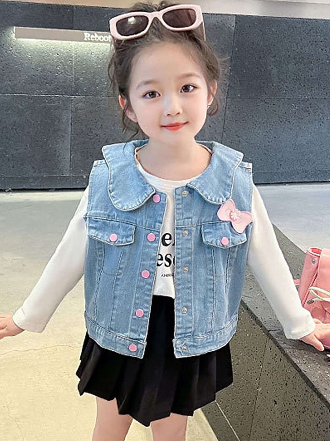 

LULU & SKY Girls Spread Collar Washed Solid Cotton Casual Denim Jacket, Blue