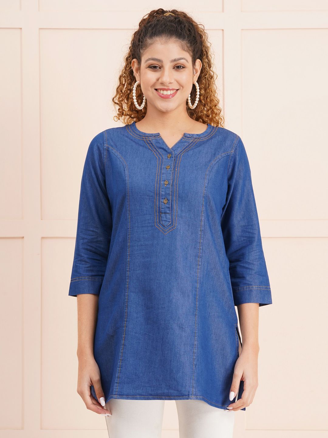 

Lahaba Women Solid Denim Tunic, Blue