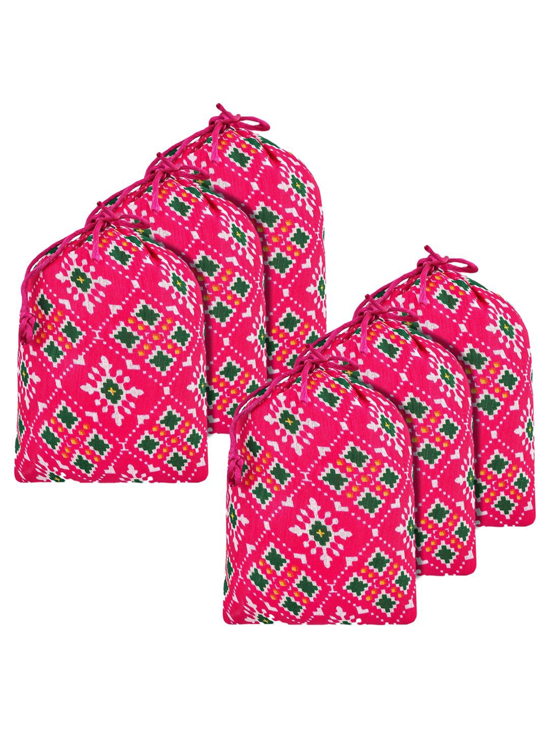 

Kuber Industries Pink & White Pack of 6 Patola Printed Potli Bag