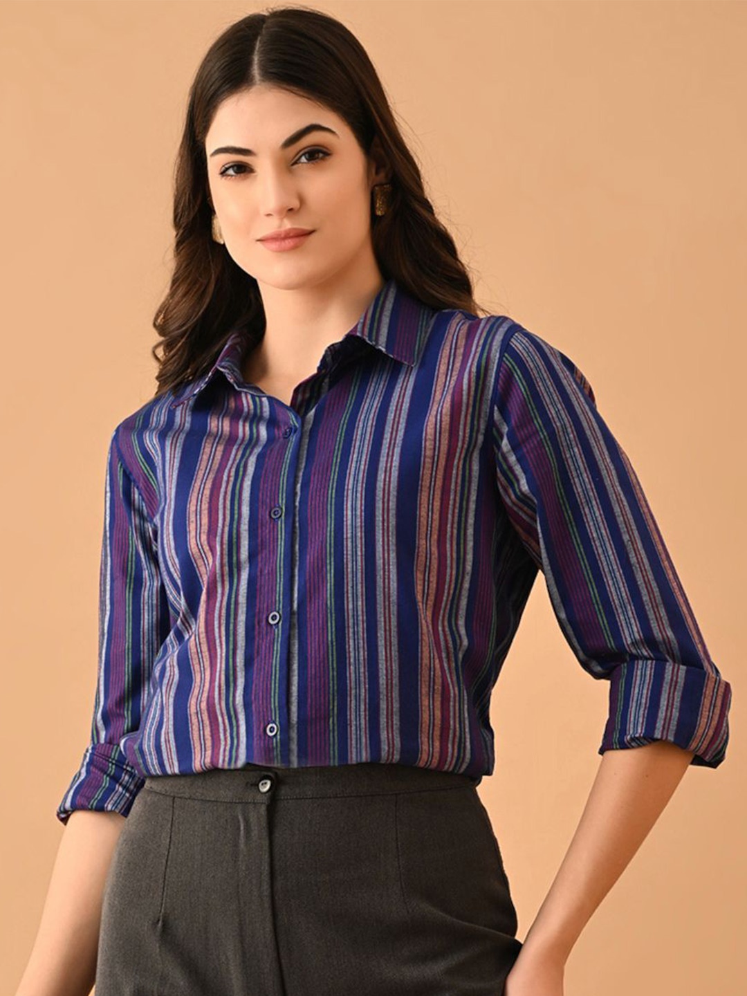 

Moda Rapido Women Classic Opaque Printed Casual Shirt, Blue