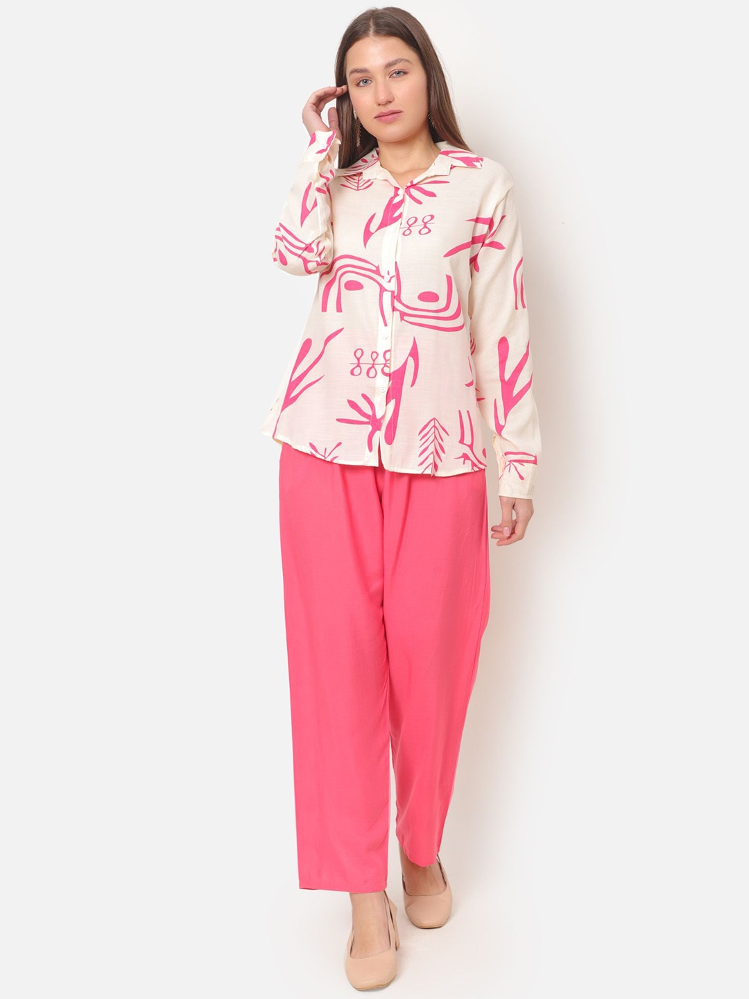 

ROSEMELON Abstract Printed Shirt Collar Shirt With Trouser, Pink