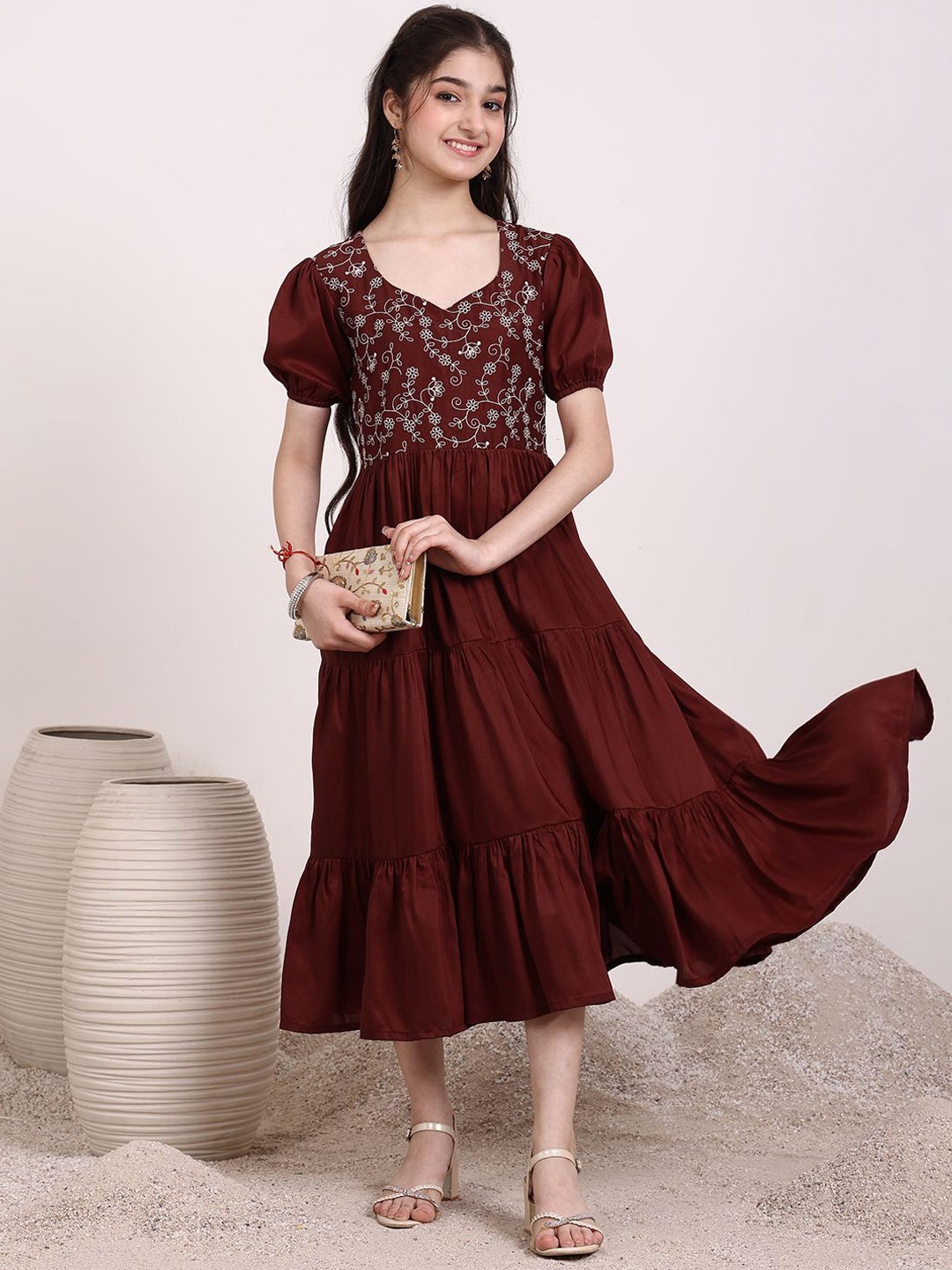 

Inddus Girls Floral Thread Embroidered Gathered Ethnic Dress, Maroon