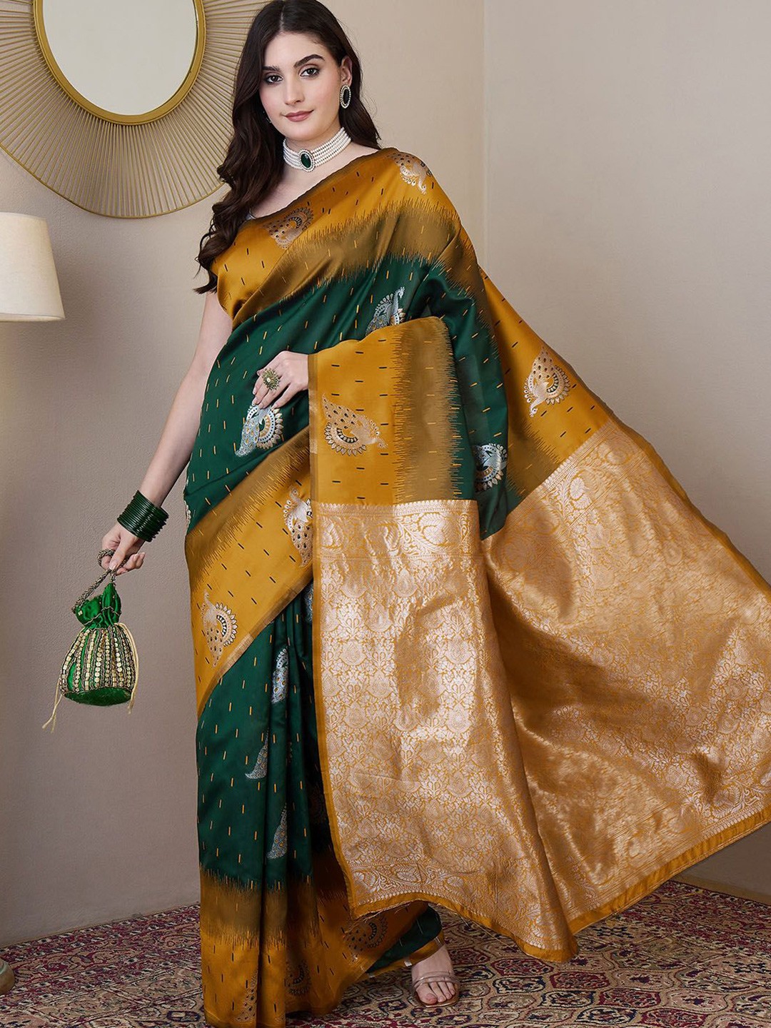 

KALINI Ethnic Motifs Zari Banarasi Saree, Green