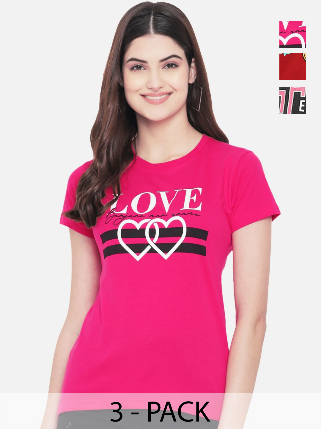 

Dreambe Women Pack Of 3 Typography Printed Round Neck Cotton T-shirts, Pink