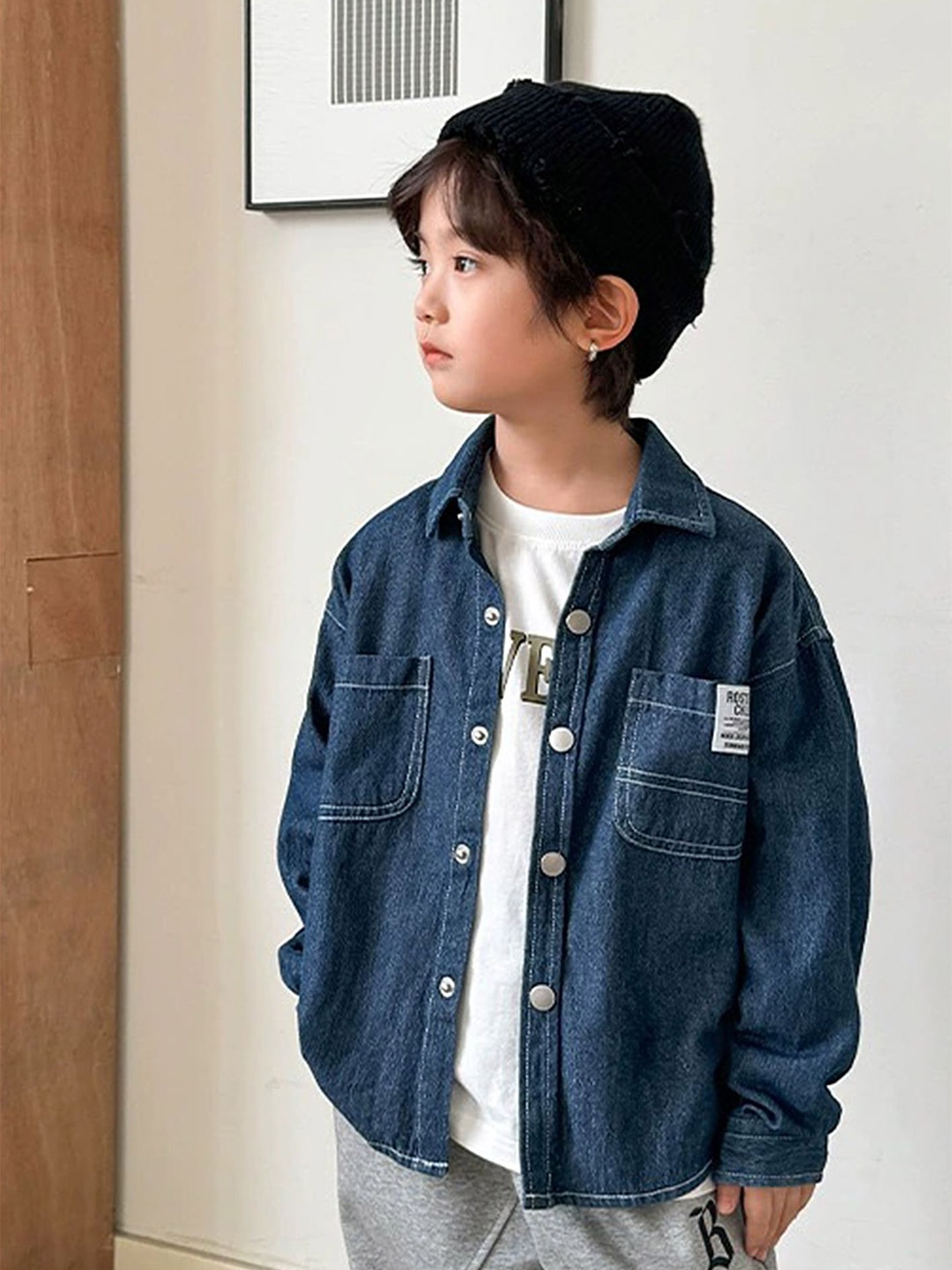 

LULU & SKY Boys Spread Collar Solid Cotton Casual Shacket, Blue