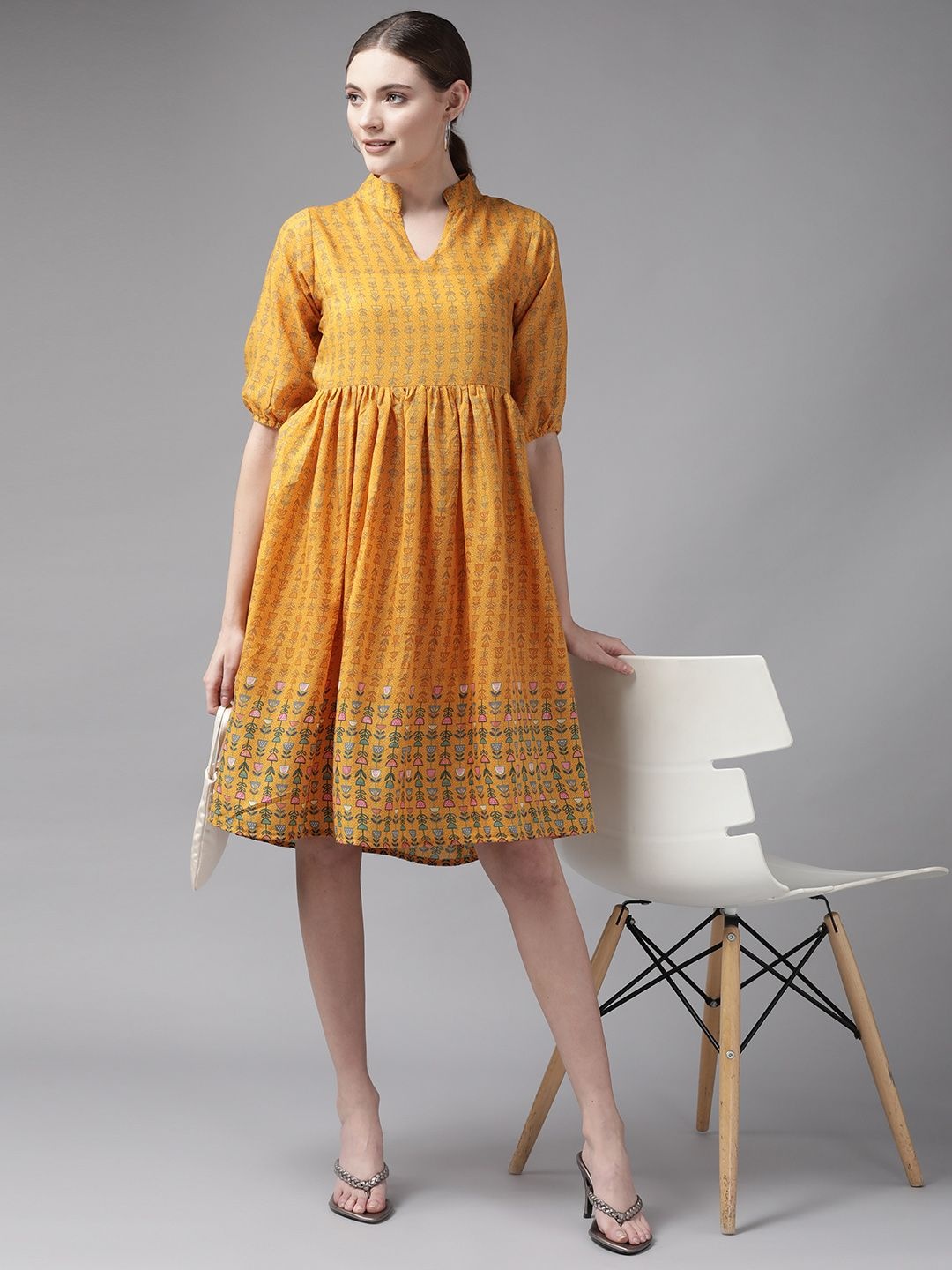 

CORSICA Women Floral Printed Mandarin Collar Puff Sleeve Fit and Flare Dress, Yellow