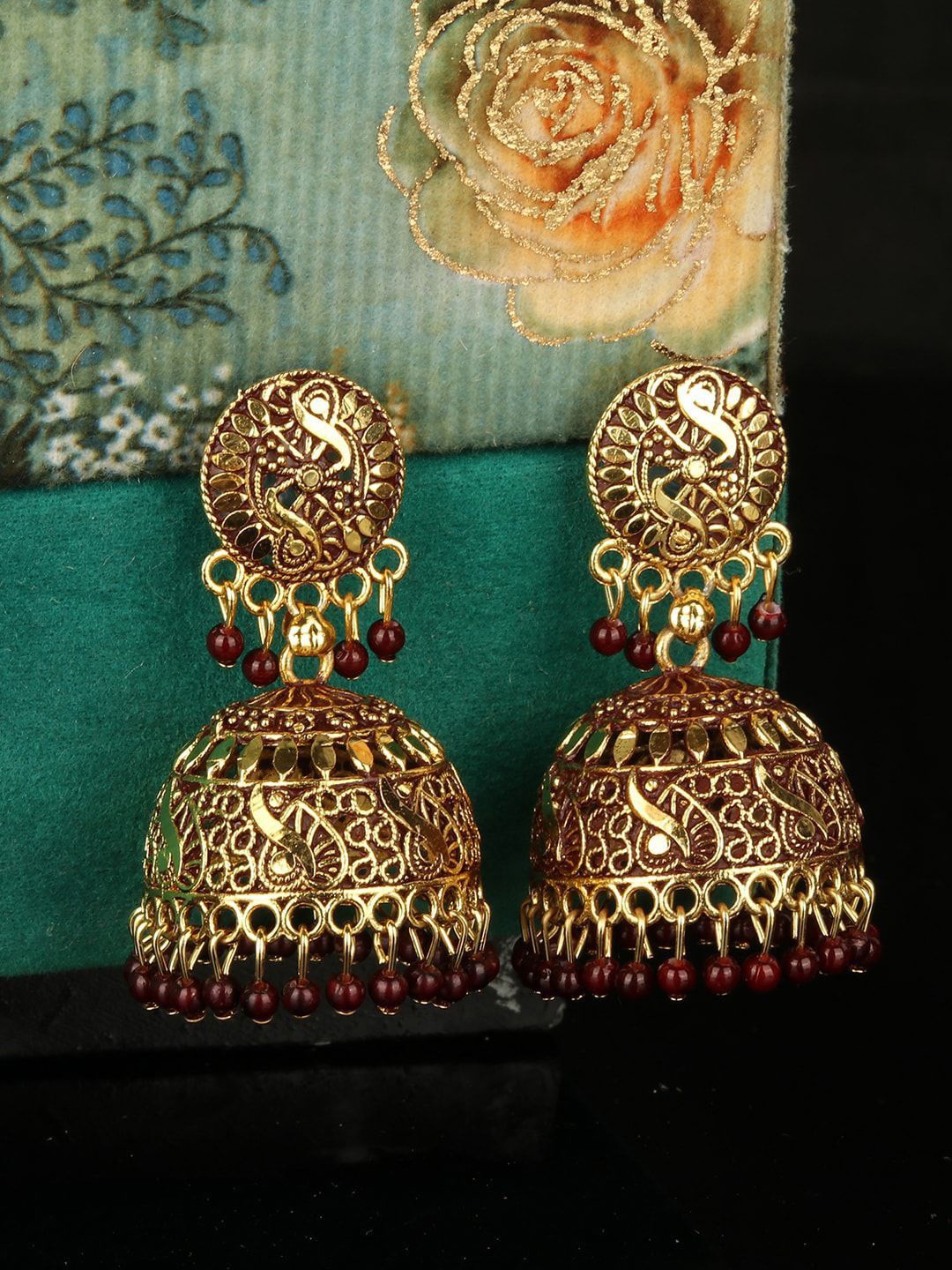 

Anouk Gold Plated Artificial Beaded Dome Shaped Jhumkas, Maroon