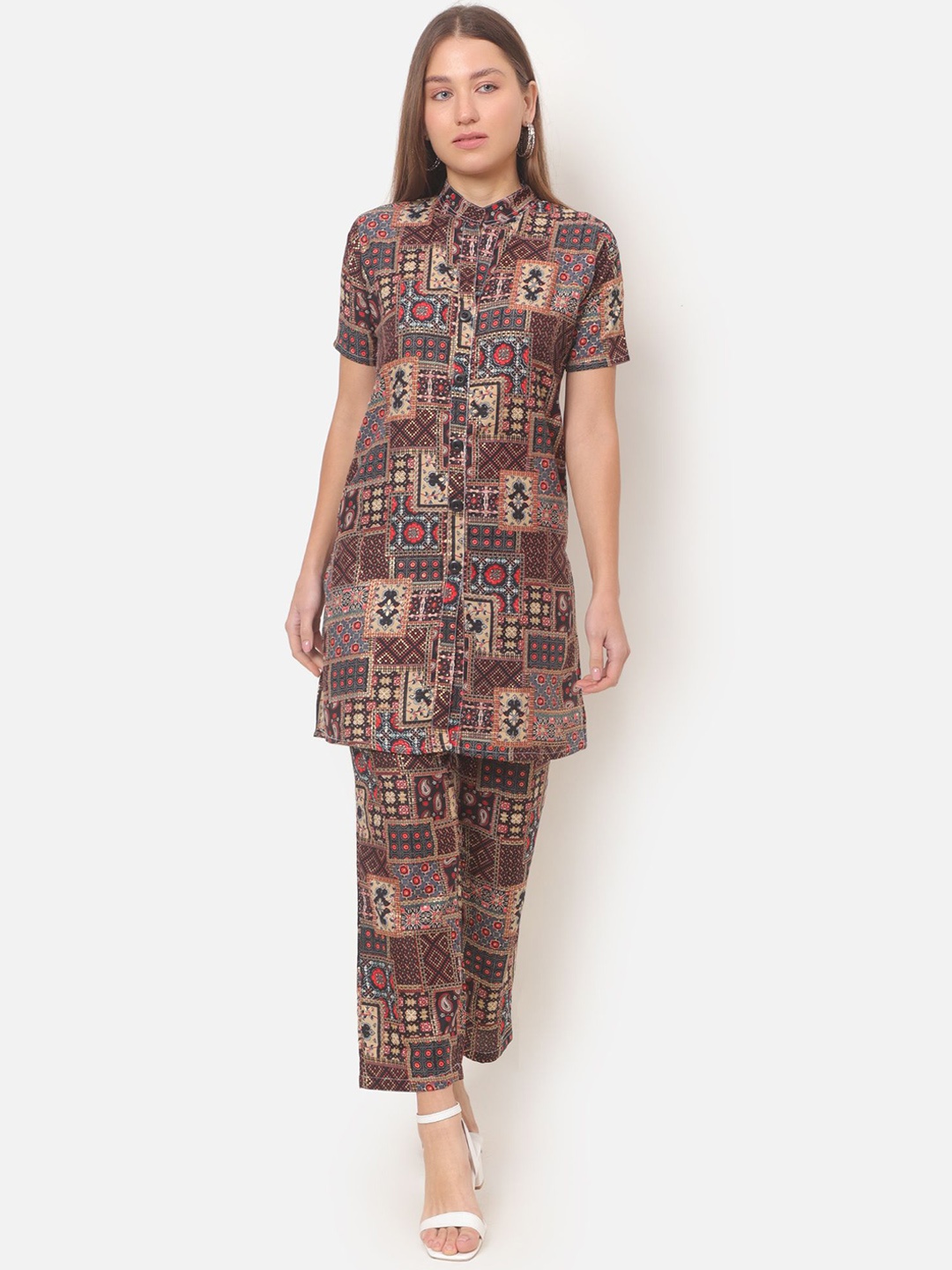 

ROSEMELON Ethnic Motifs Printed Mandarin Collar Tunic With Trouser, Brown