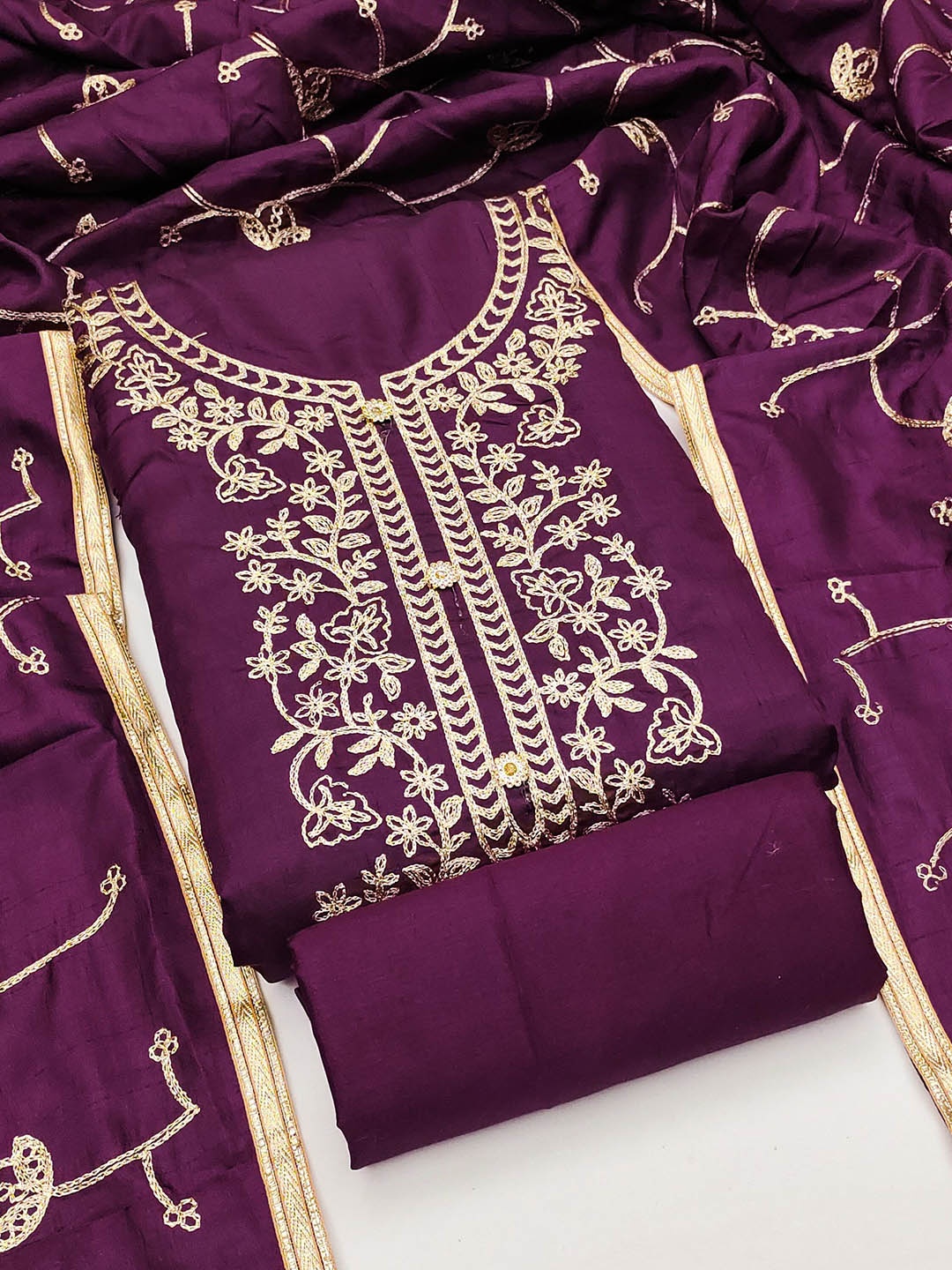 

MANVAA Floral Embroidered Zari Unstitched Dress Material, Violet