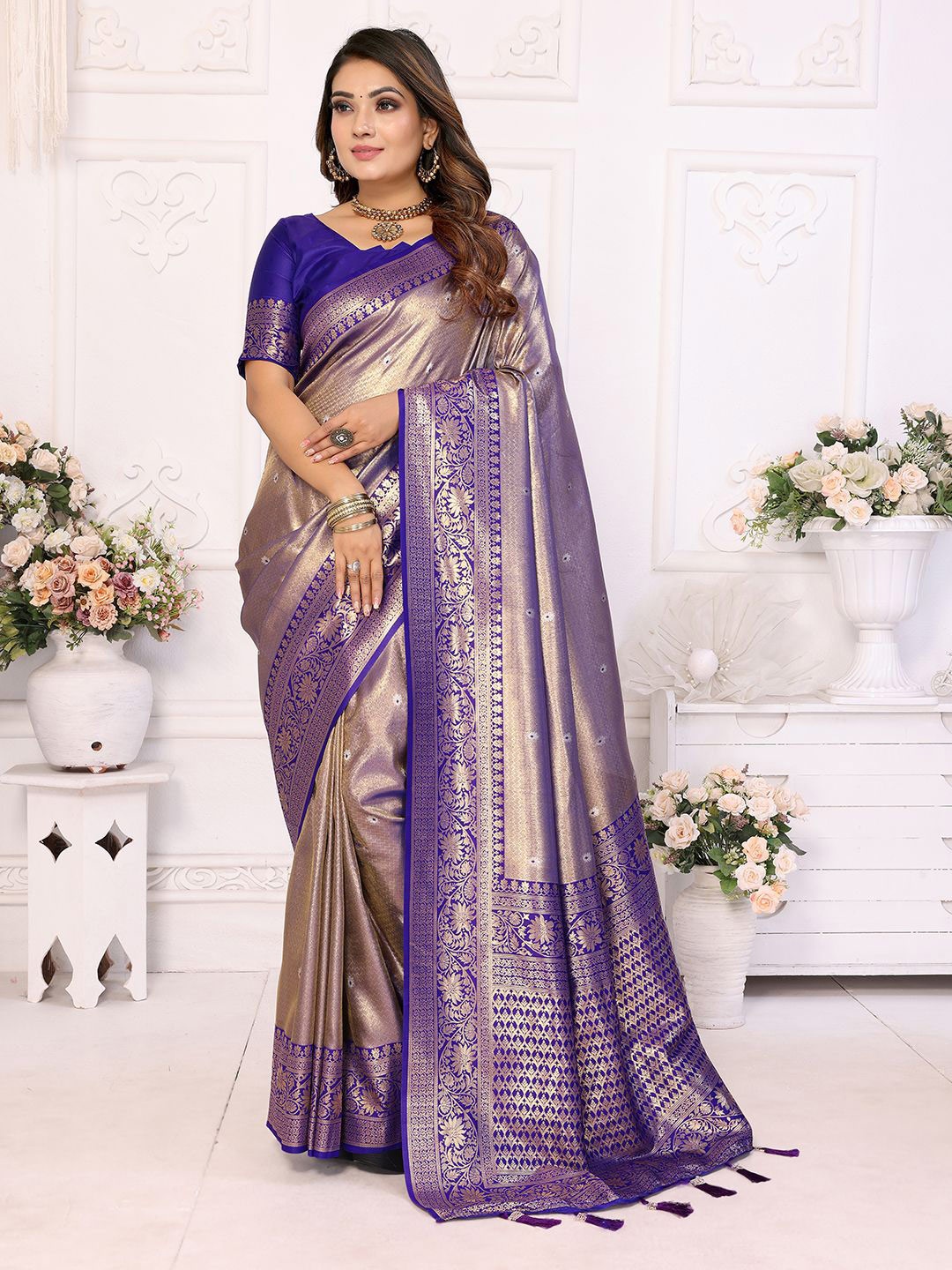 

LeeliPeeri Designer Women Ethnic Motifs Zari Banarasi Saree, Navy blue