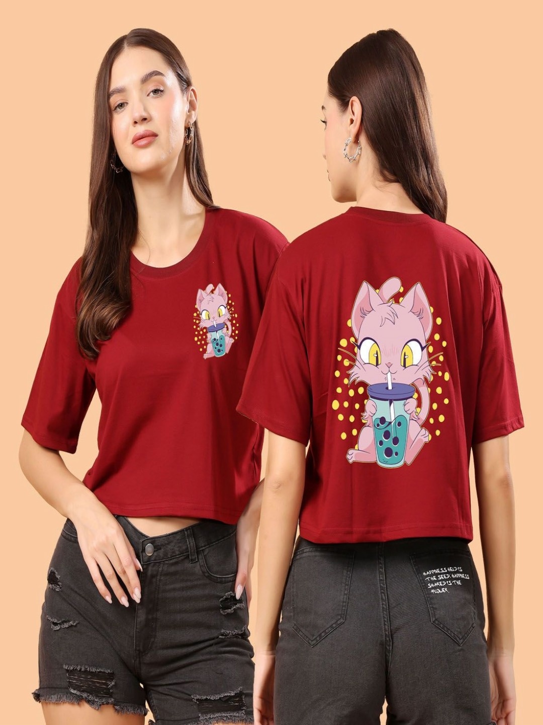 

SWIFTLY Women Bio Finish Graphic Printed Round Neck Cotton Oversized T-shirt, Maroon