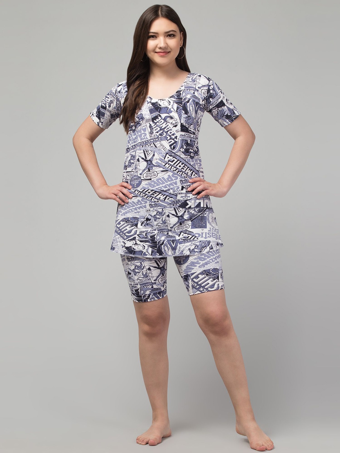 

UllasPemium Printed Swimming Dress With Attached Shorts, White