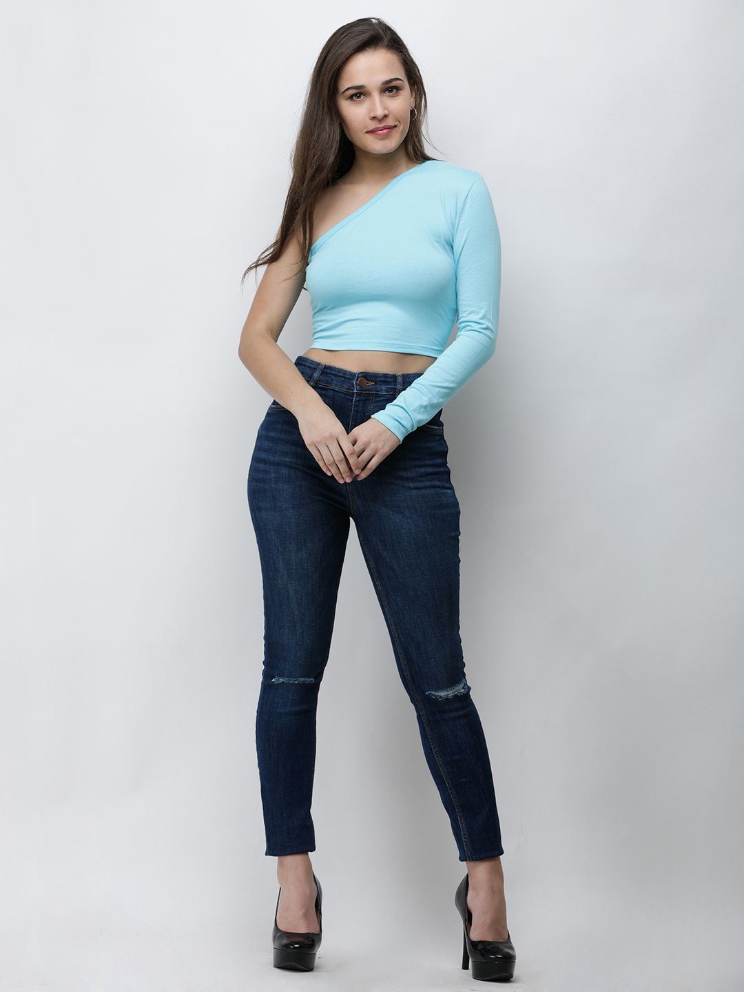 

Moda Rapido Women Solid One Shoulder CottonFitted Top, Blue