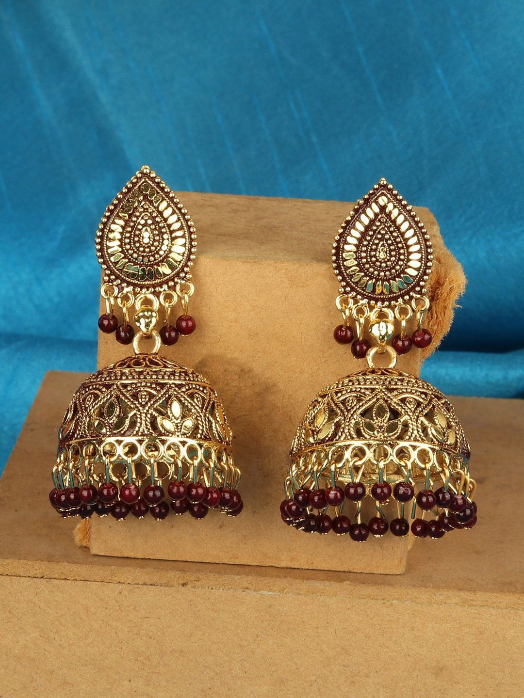 

Anouk Gold Plated Beaded Enamelled Traditional Dome Shaped Jhumkas