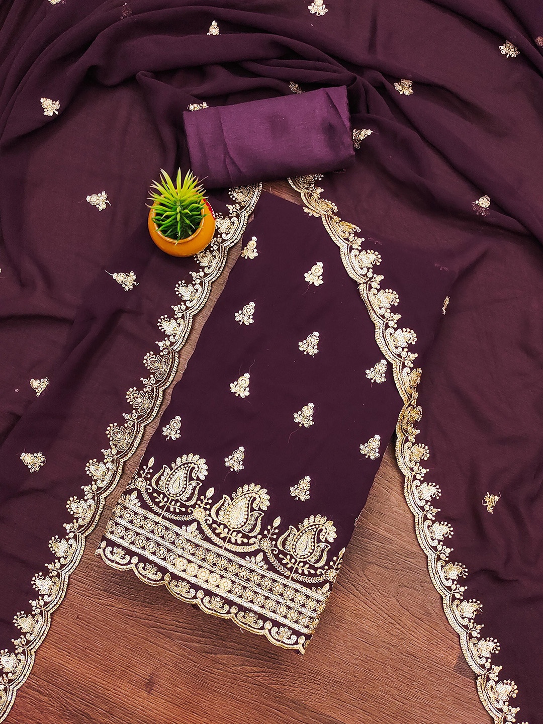 

MANVAA Floral Embroidered Sequinned Georgette Unstitched Dress Material, Violet