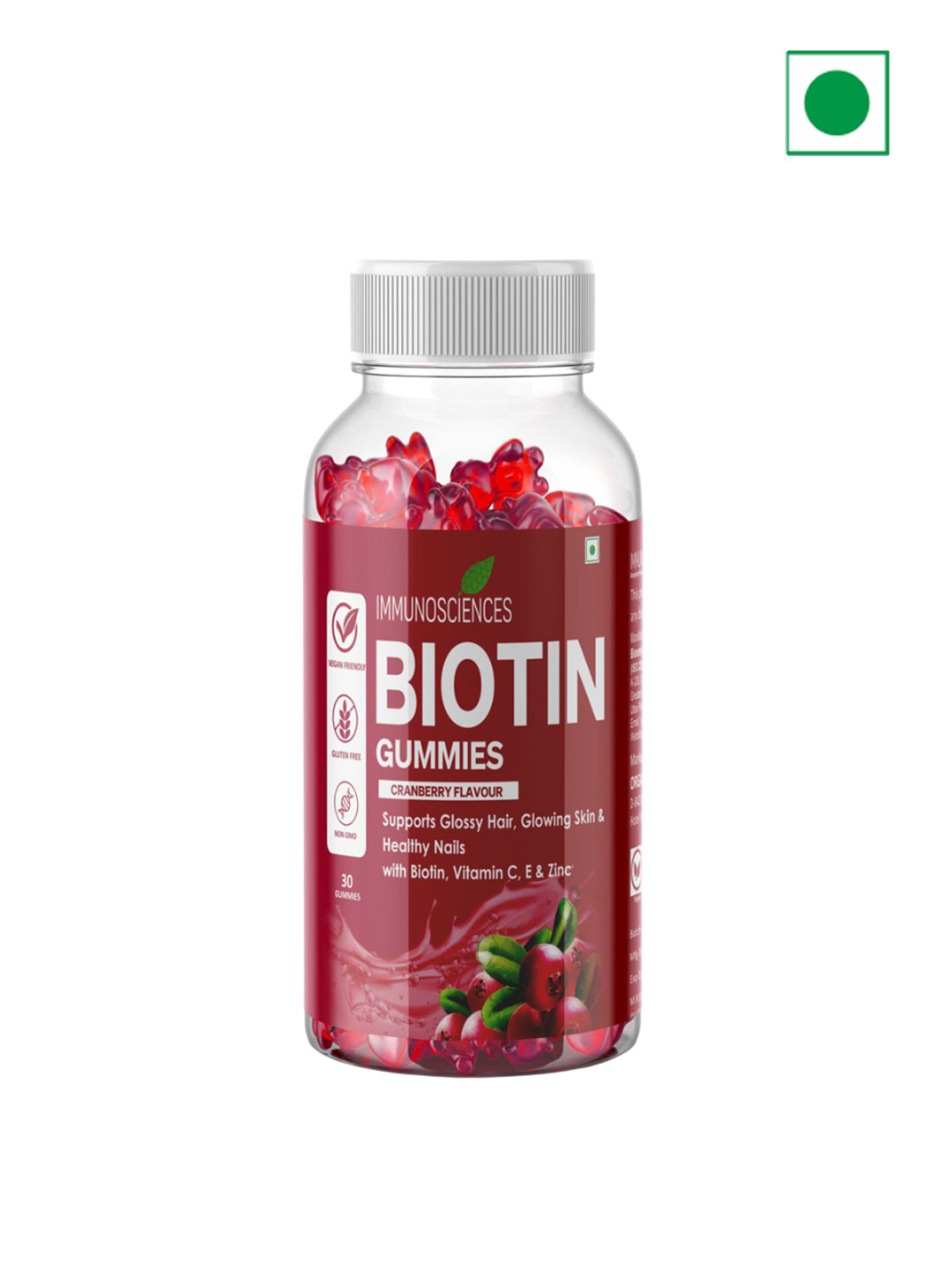 

Immunosciences Biotin Gummies Supports Hair, Skin & Nails - Cranberry Flavour - 30 Gummies, Transparent