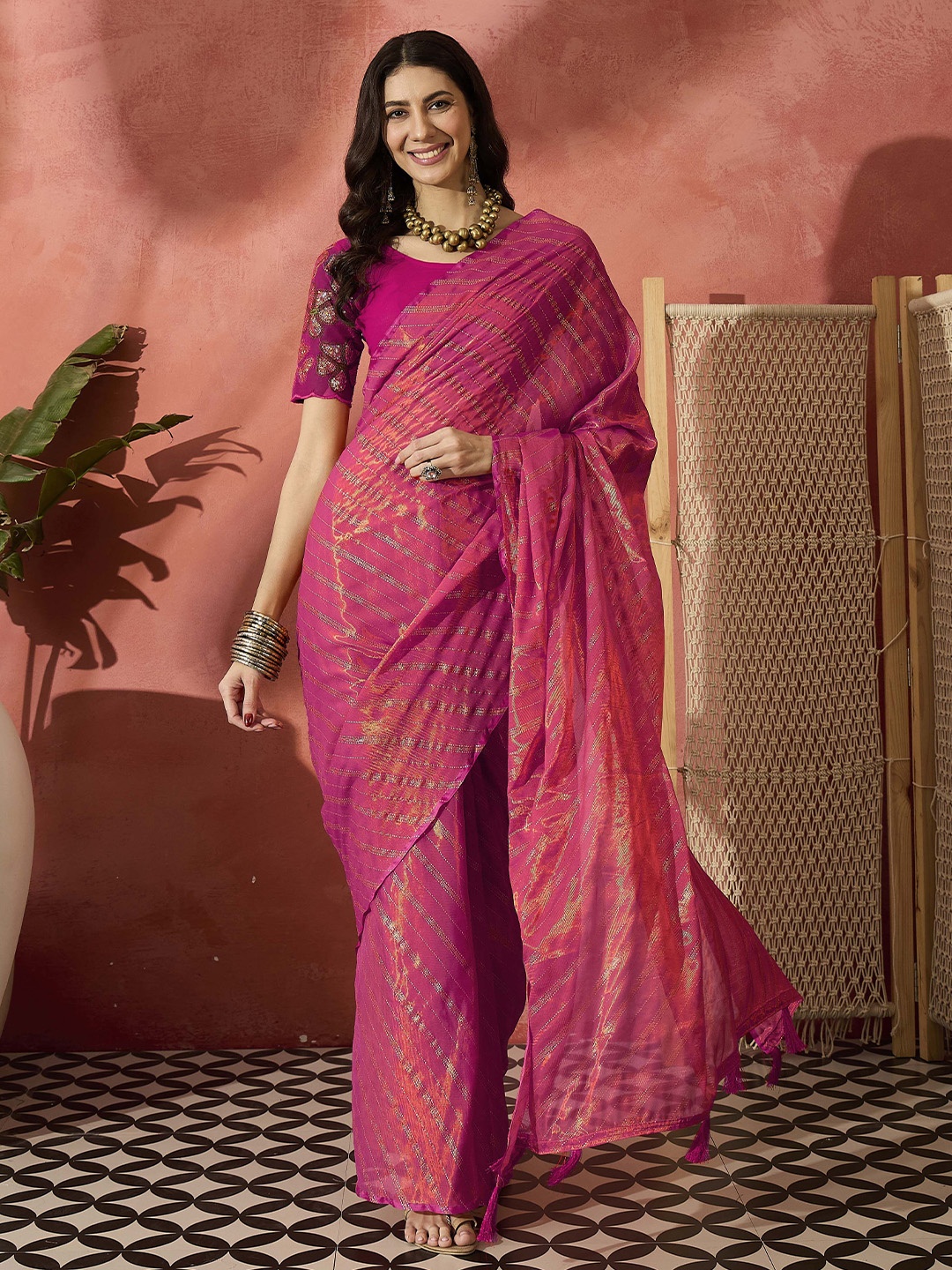 

Sangria Striped Embroidered Saree With Blouse Piece, Pink