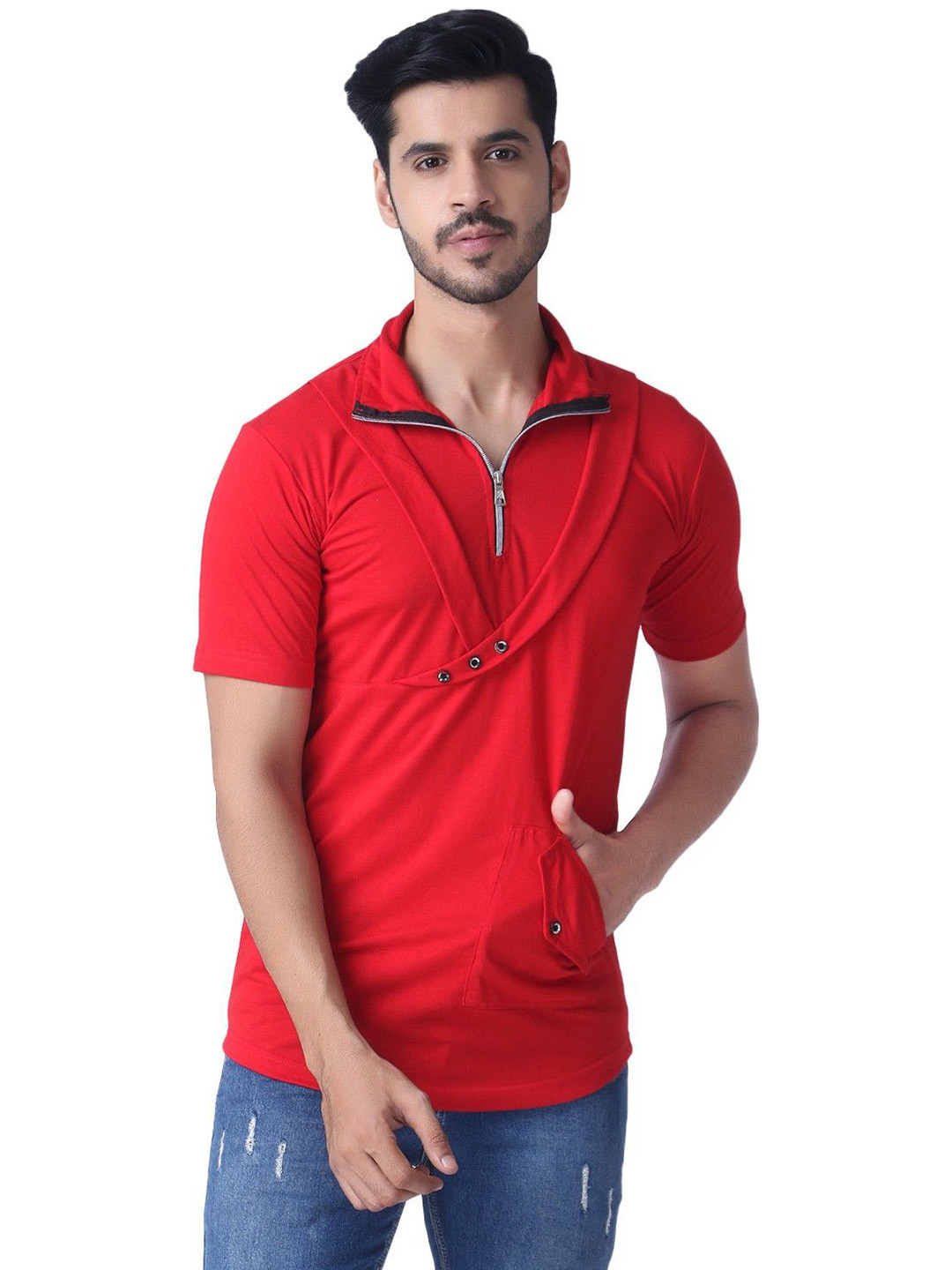 

Black Collection Men Solid High Neck Cotton T-shirt, Red