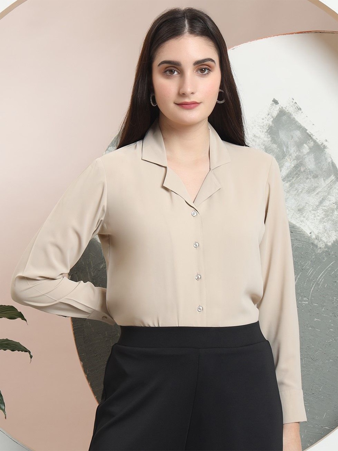 

FITHUB Women Cuban Collar Solid Cotton Formal Shirt, Cream