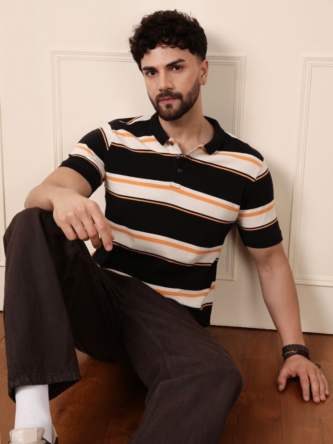 

WROGN Men Striped Polo Collar Cotton Slim Fit T-shirt, Black