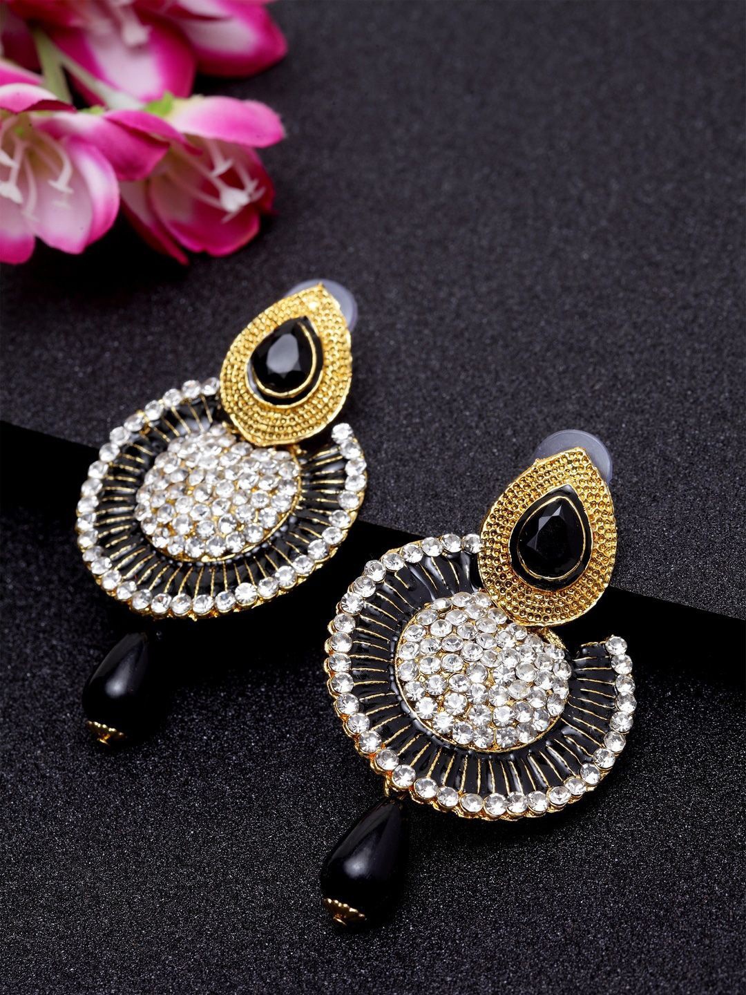 

Anouk Gold-Plated Artificial Stones Studded & Beaded Circular Shaped Drop Earring