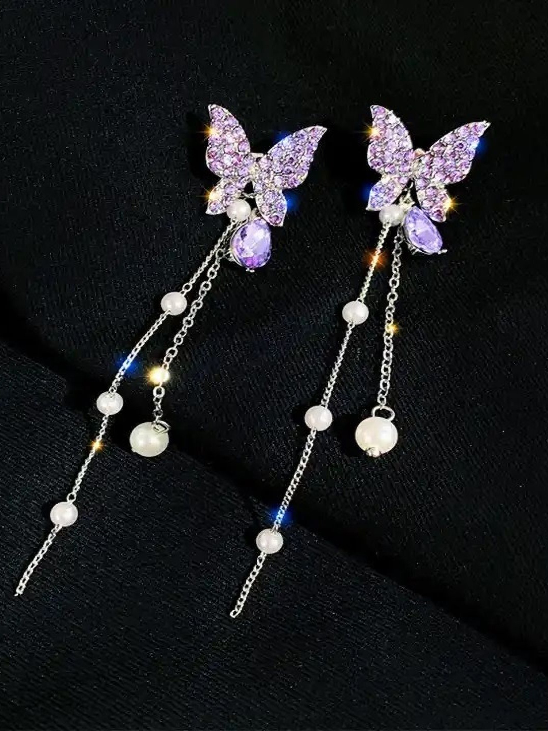 

Celestique Artificial Stones Studded & Beaded Contemporary Shaped Korean Drop Earrings, Purple