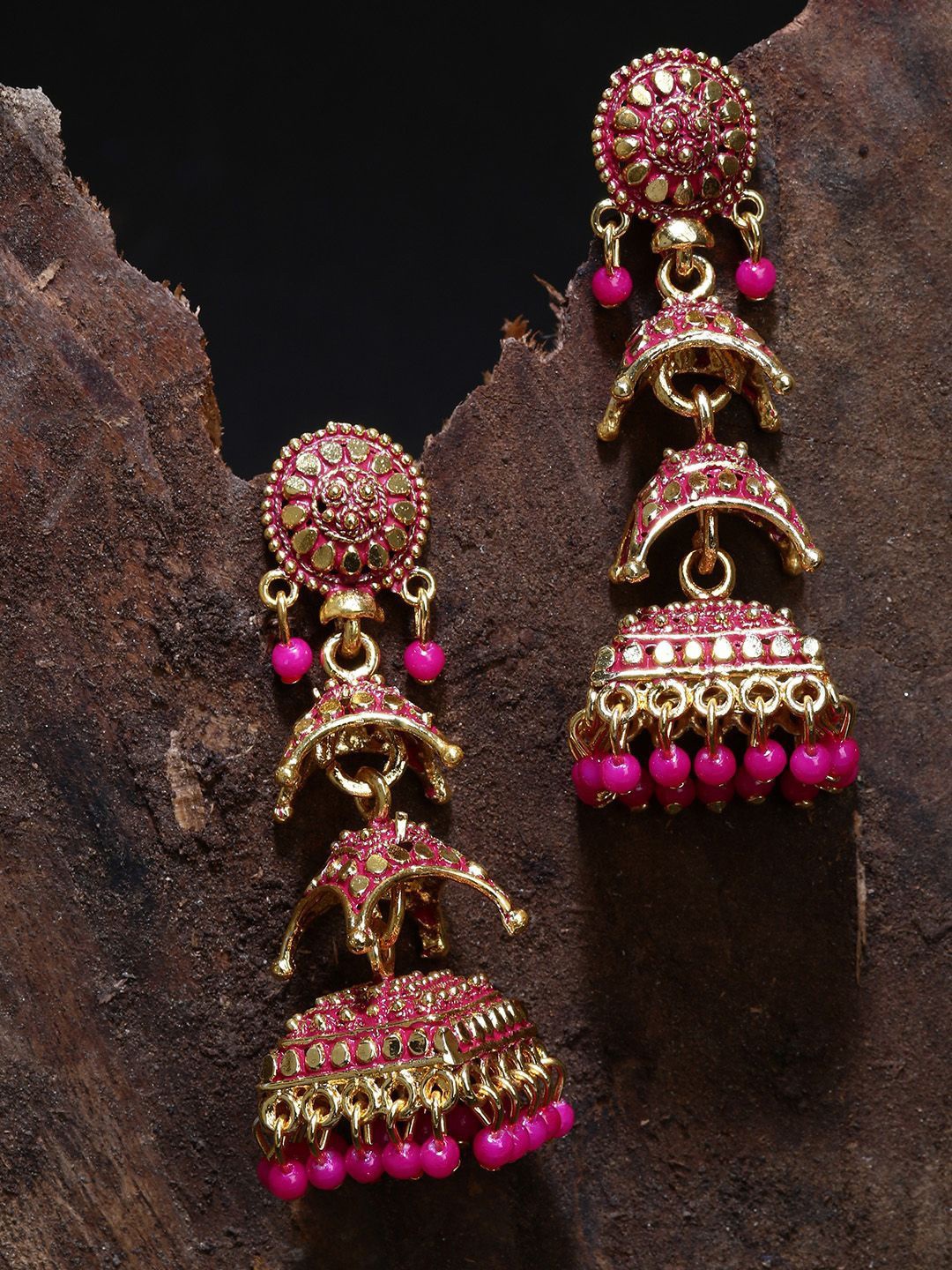 

Anouk Gold-Plated Artificial Stones Studded & Beaded Dome Shaped Enamelled Jhumkas