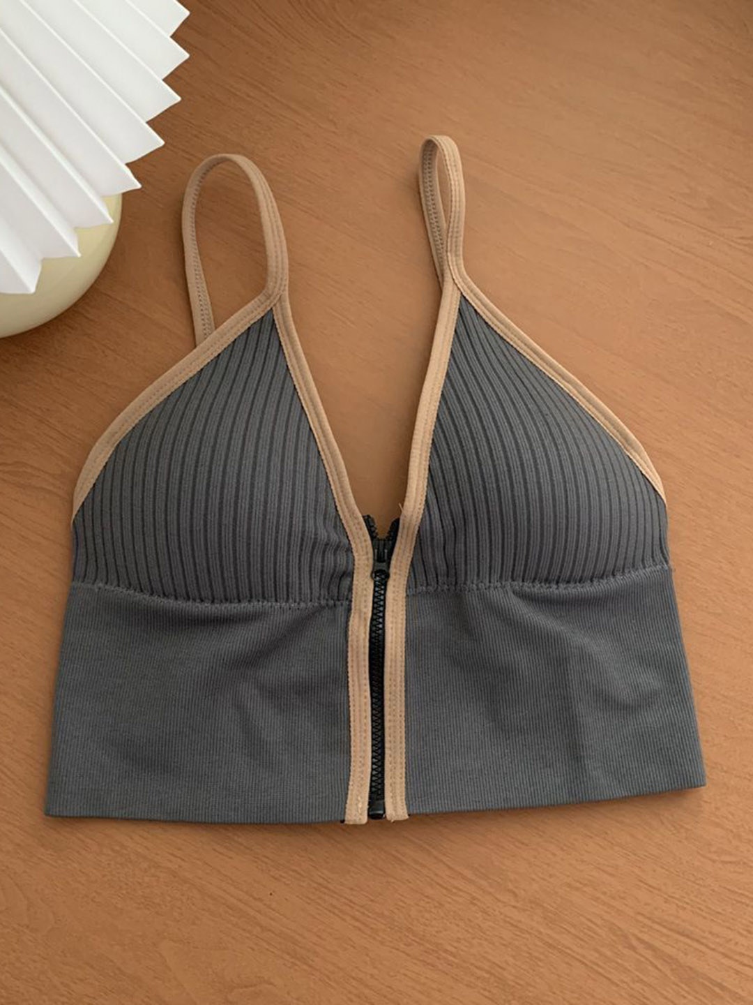 

MADE FOR HER LABEL Women Zipper Plunging Neckline Cami Bralette Top, Grey