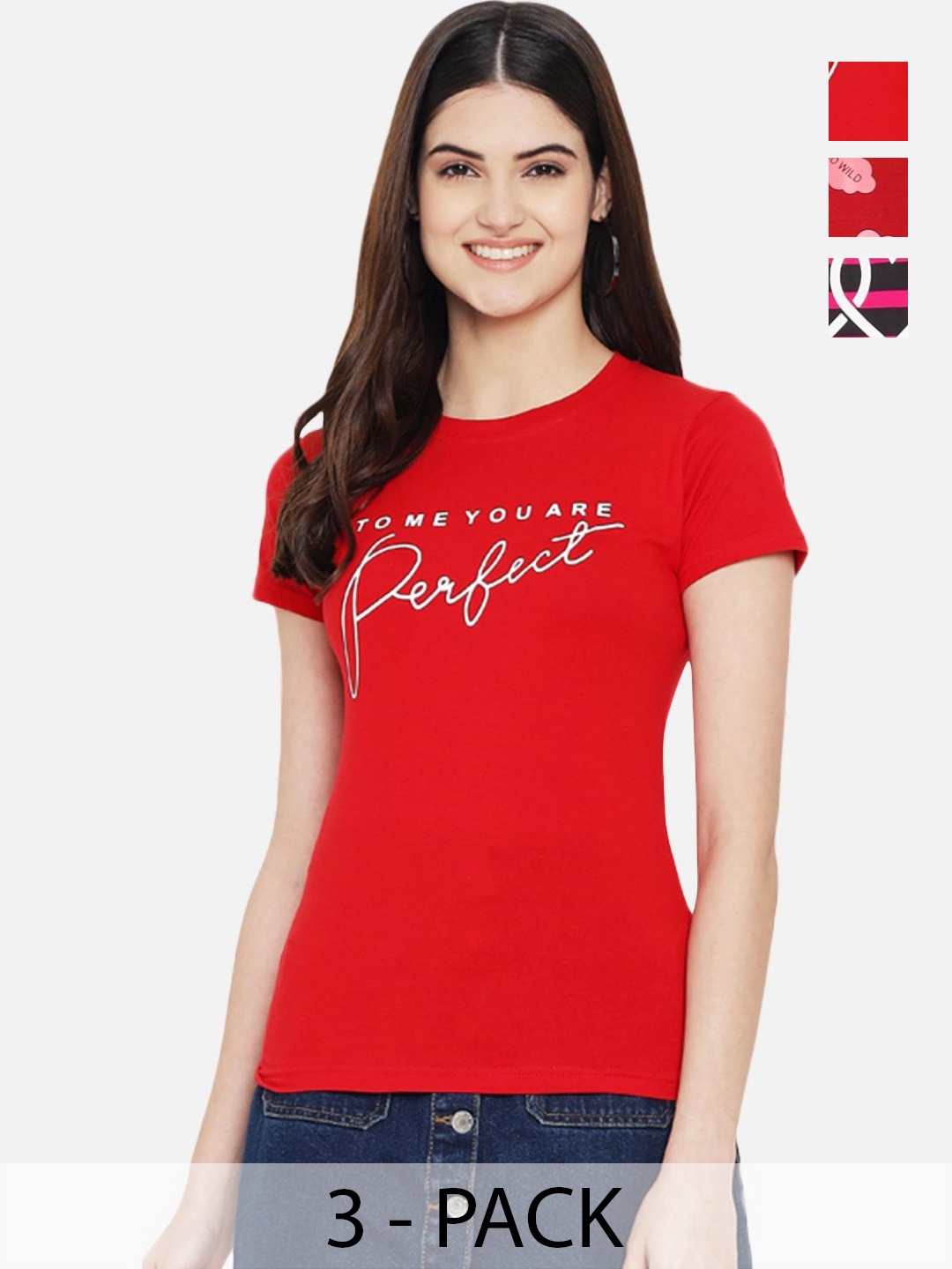 

Dreambe Women Pack Of 3 Typography Printed Round Neck Cotton T-shirts, Red