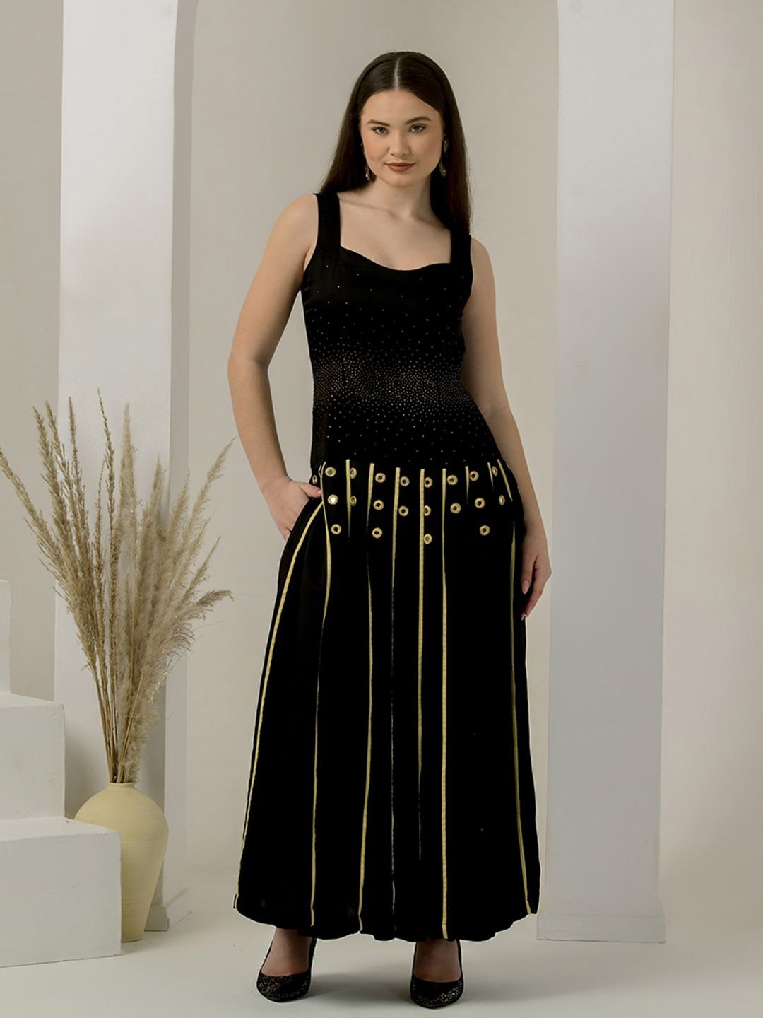 

First Resort by Ramola Bachchan Women Embellished Linen Drop-Waist Maxi Dress, Black