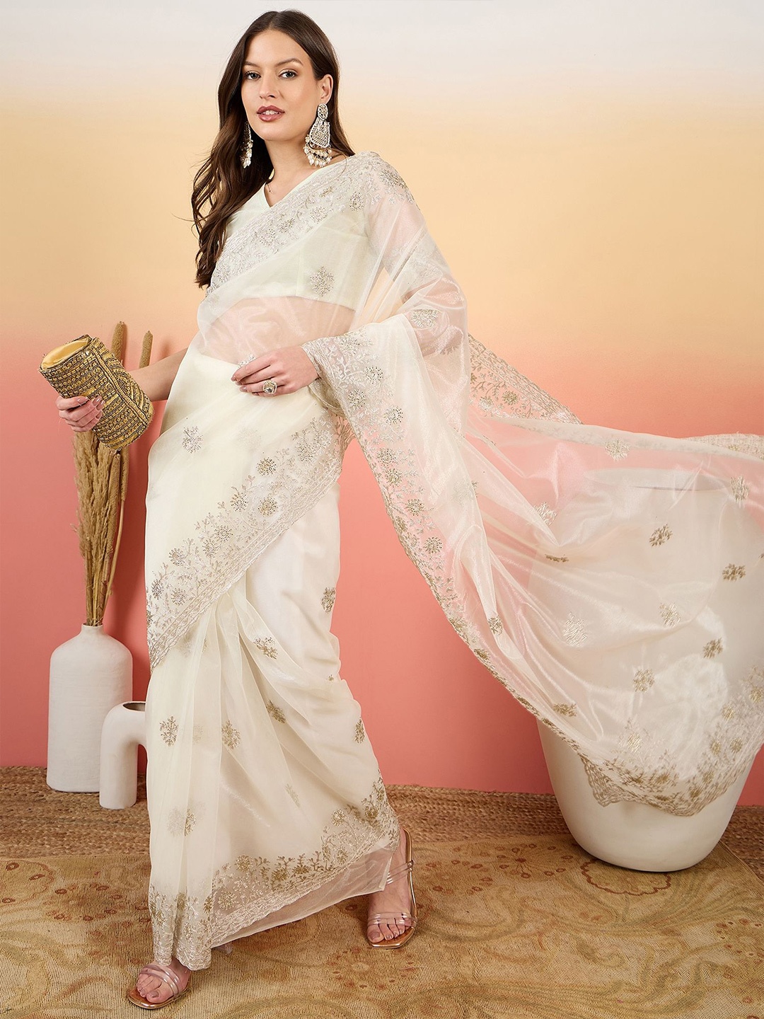 

Sangria Embroidered Saree With Blouse, Off white