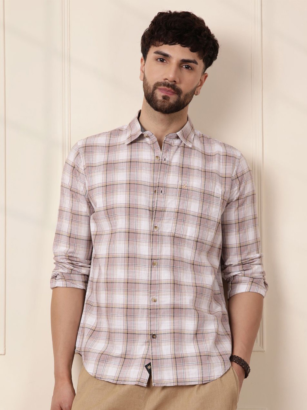 

WROGN Men Comfort Fit Spread Collar Tartan Checked Cotton Casual Shirt, Pink