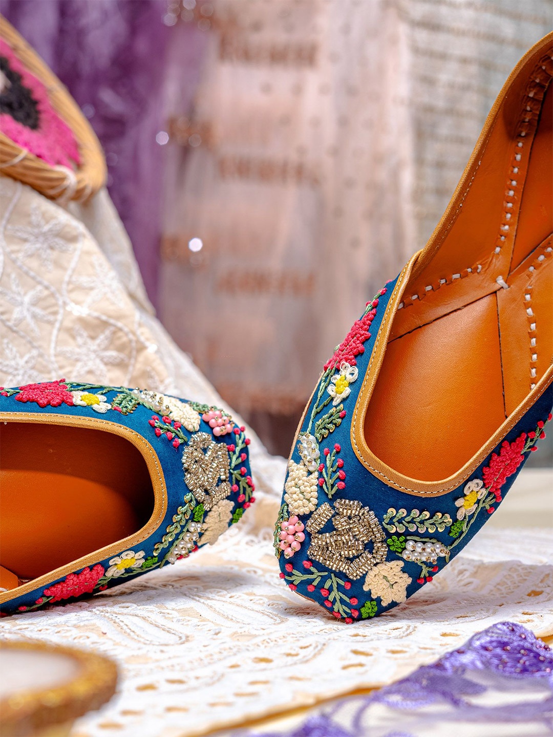 

NR By Nidhi Rathi Women Embellished Mojaris with Embroidered Flats, Blue