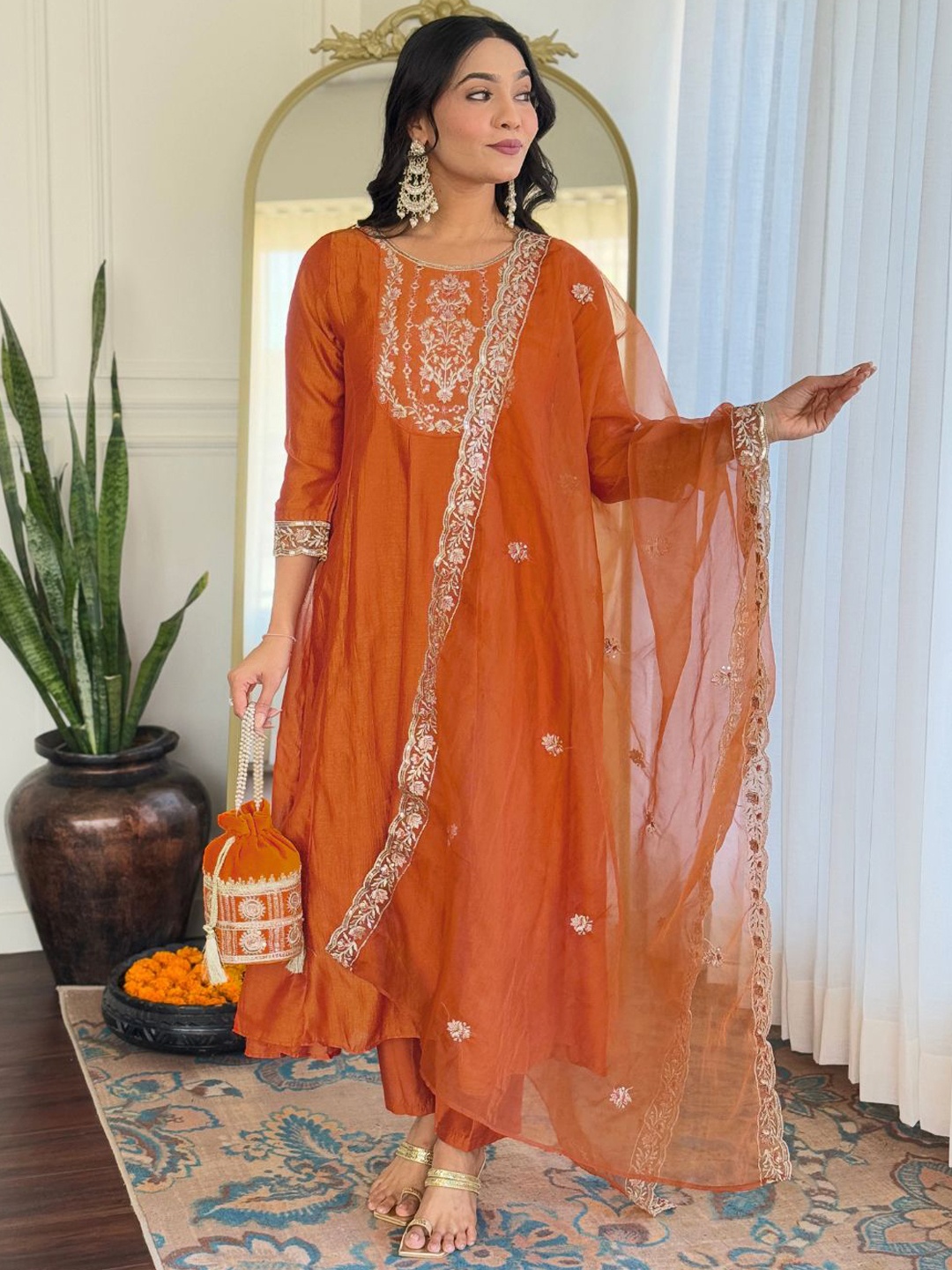 

THE52 Women Embroidered Regular Silk Chiffon Kurta with Trousers & With Dupatta, Orange