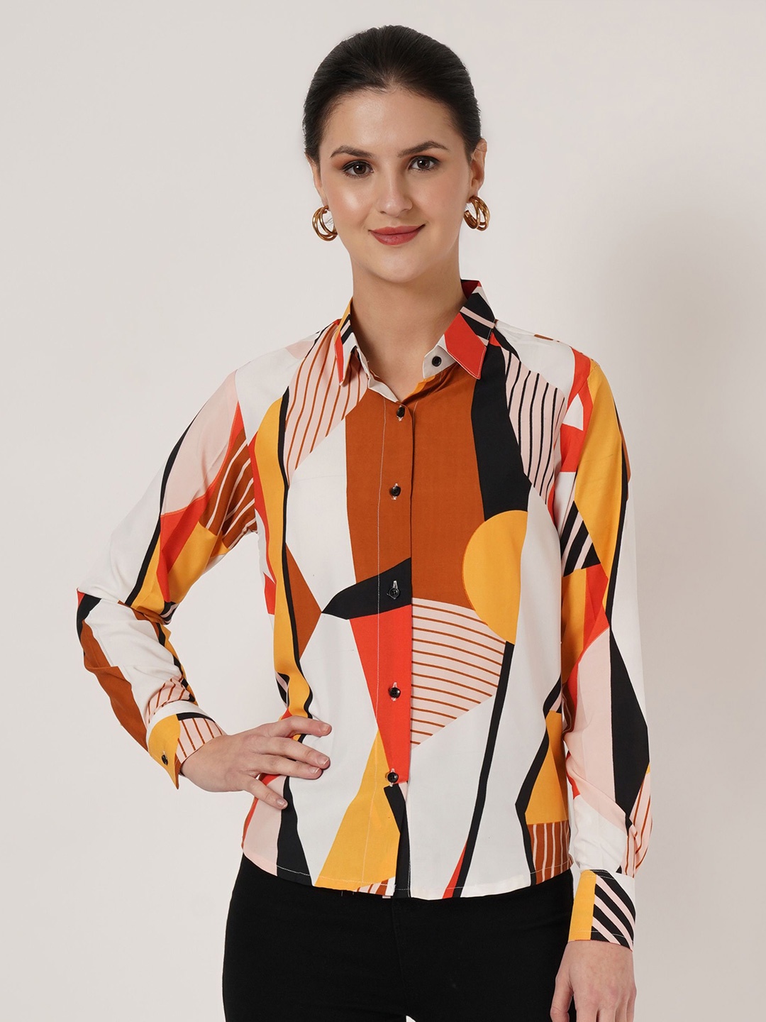 

ZWERLON Women Relaxed Fit Spread Collar Abstract Printed Casual Shirt, White