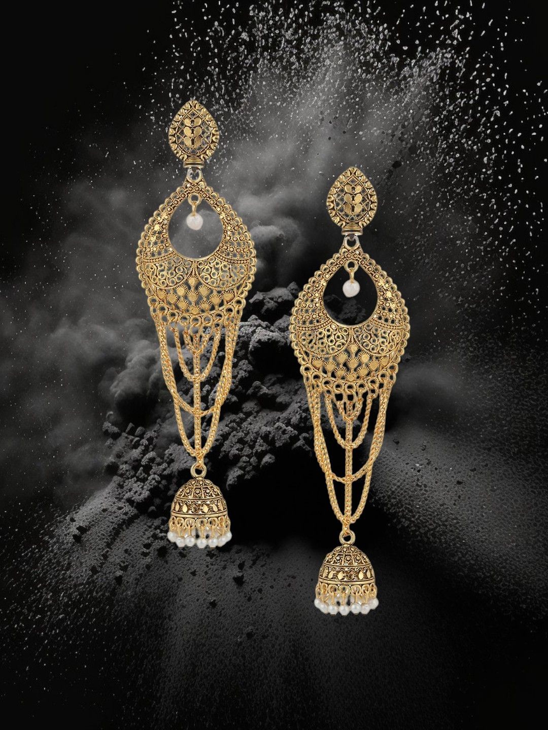 

Anouk Gold-Plated Pearls Beaded Studded Dome Shaped Tasselled Jumkas