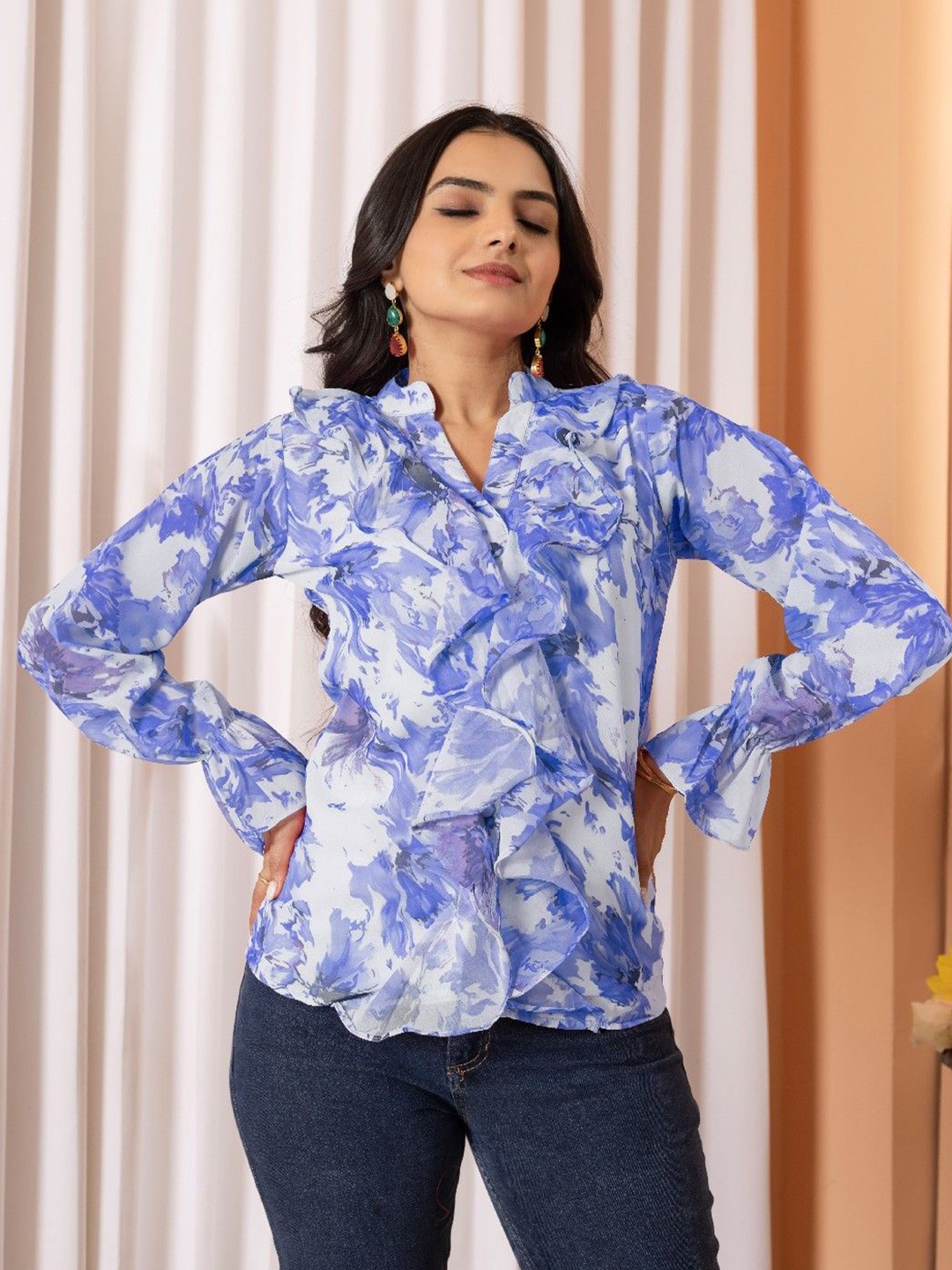 

Tilton Floral Print Mandarin Collar Flared Sleeve Ruffles Georgette Top, Blue