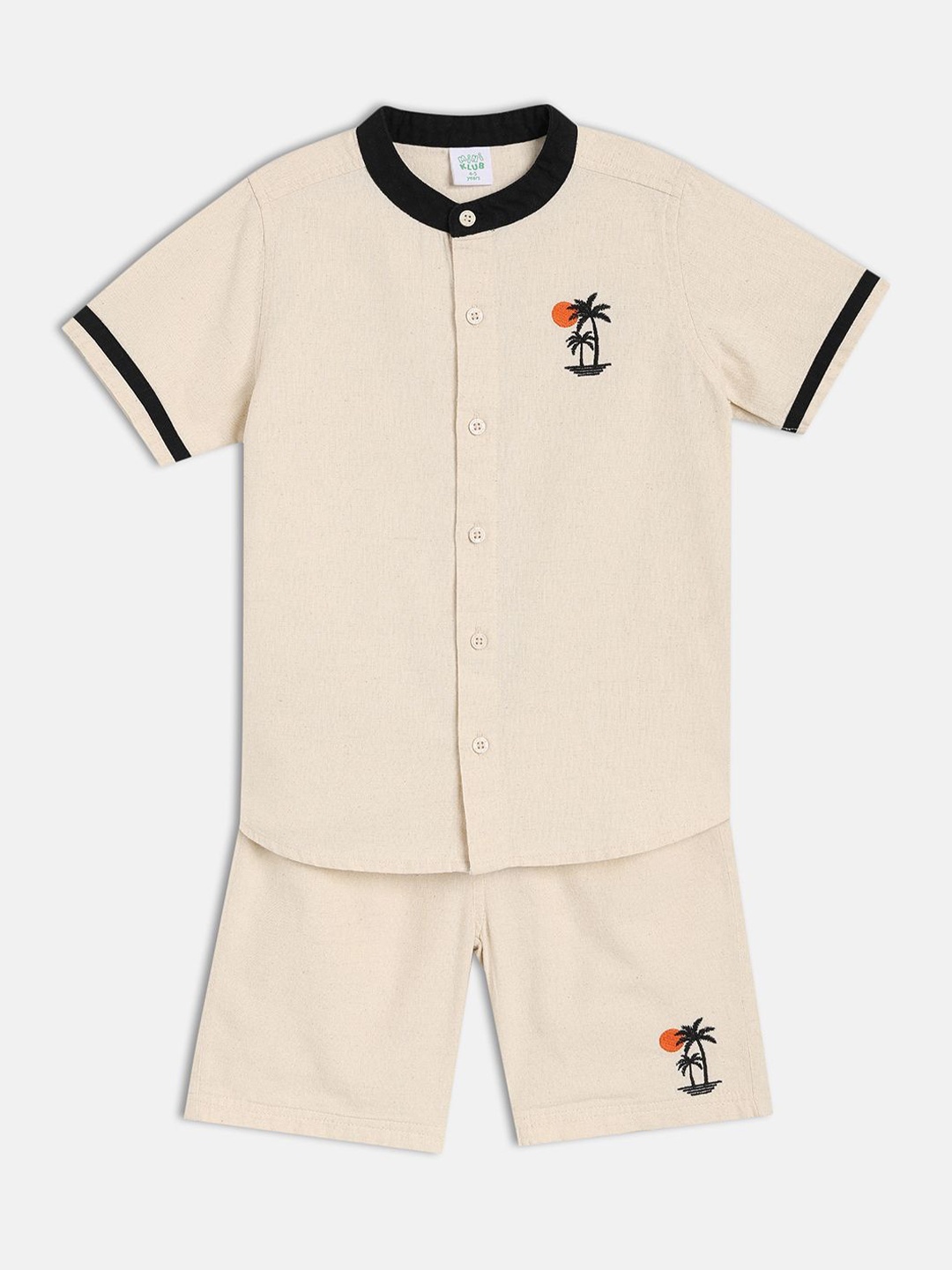 

MINI KLUB Boys Band Collar Cotton Linen Shirt With Shorts, Beige