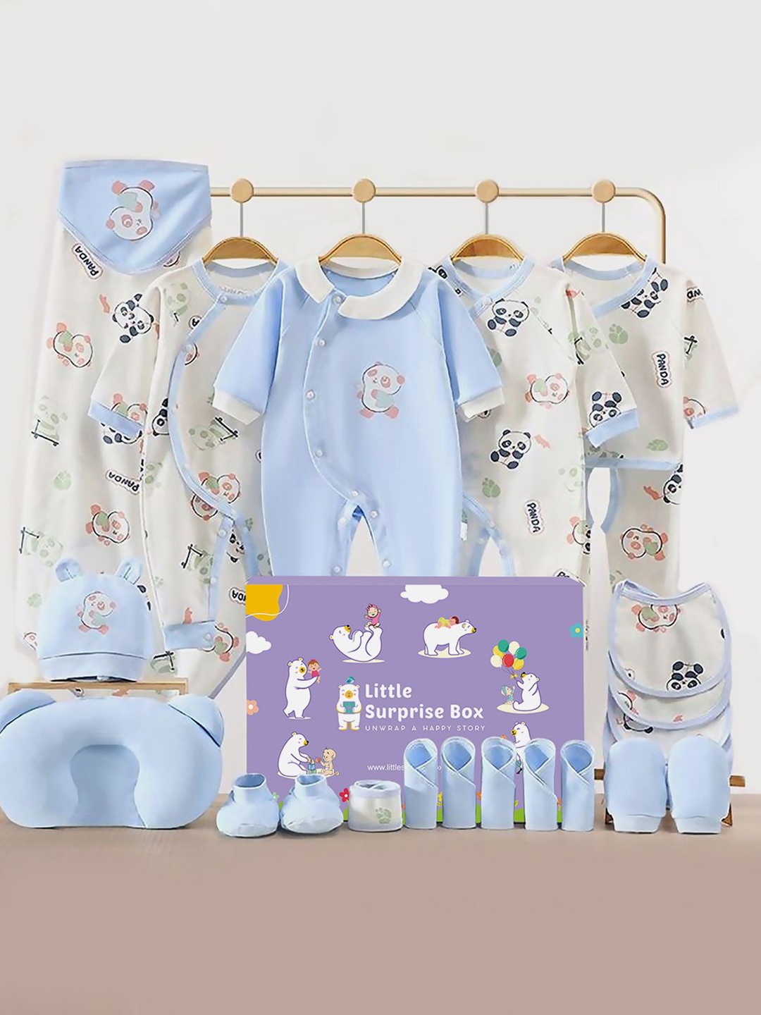 

Little Surprise Box LLP 22pcs Panda Newborn Baby Girl/Baby Boy Gift Hamper Set 0-12 months, Blue