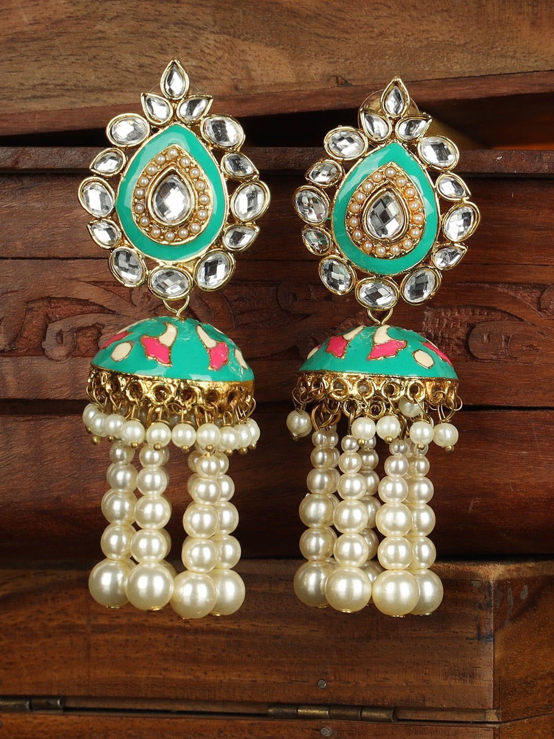 

Anouk Teardrop Shaped Jhumkas Earrings, Green