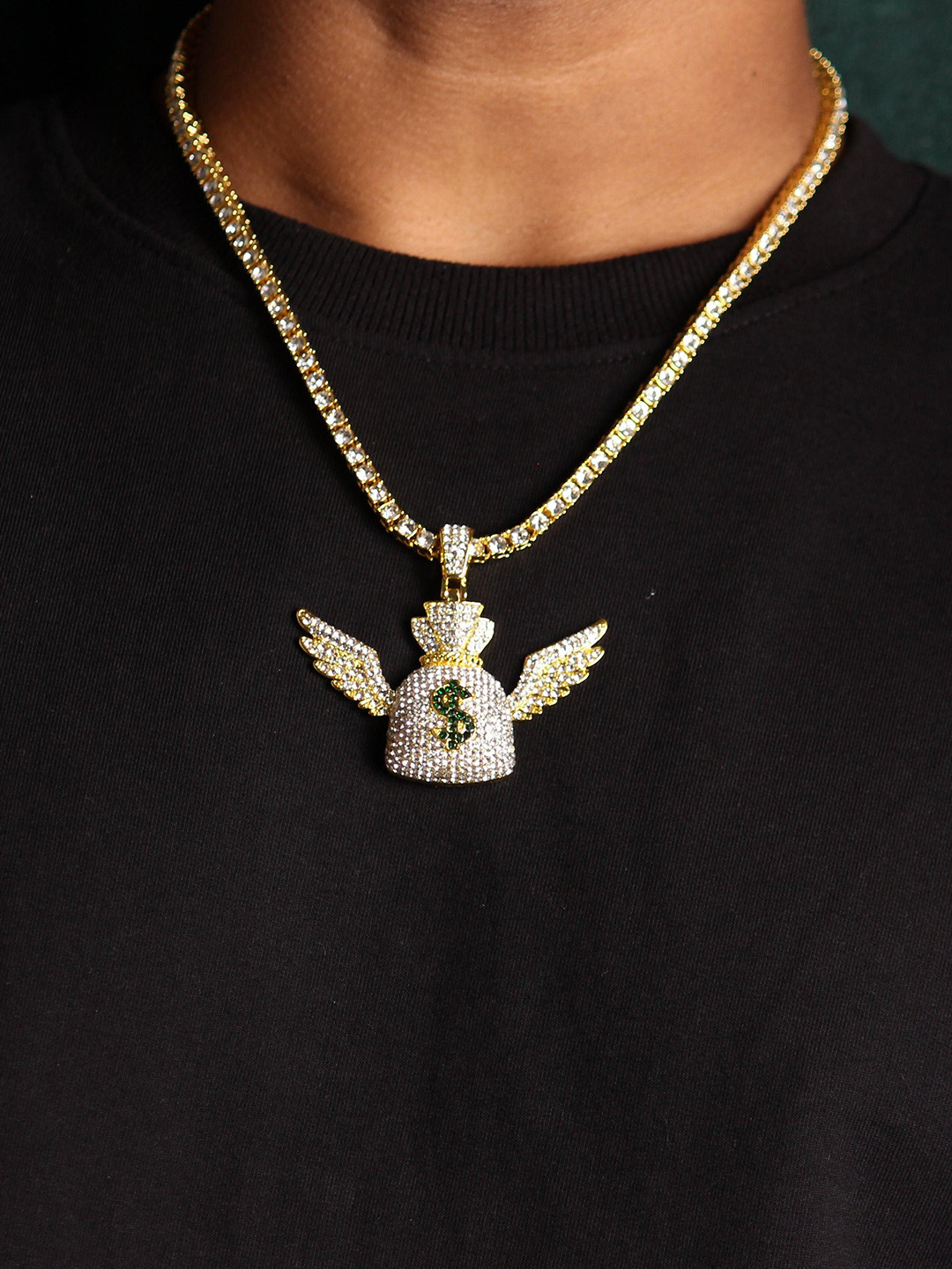 

LOCAL PITARA Men Stainless Steel Gold-Plated Cubic Zirconia Money Bag Pendant With Chain