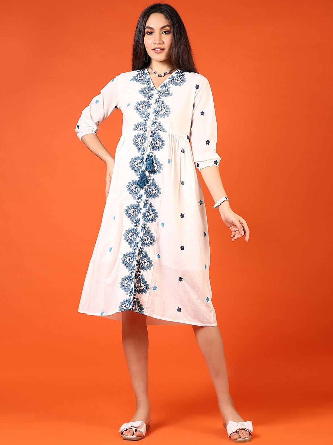 

V-Mart Embroidered A-Line Knee Length Ethnic Dresses, Off white