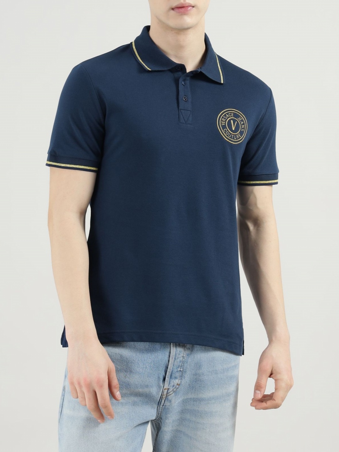 

Versace Jeans Couture Men Solid Polo Collar Cotton T-shirt, Navy blue