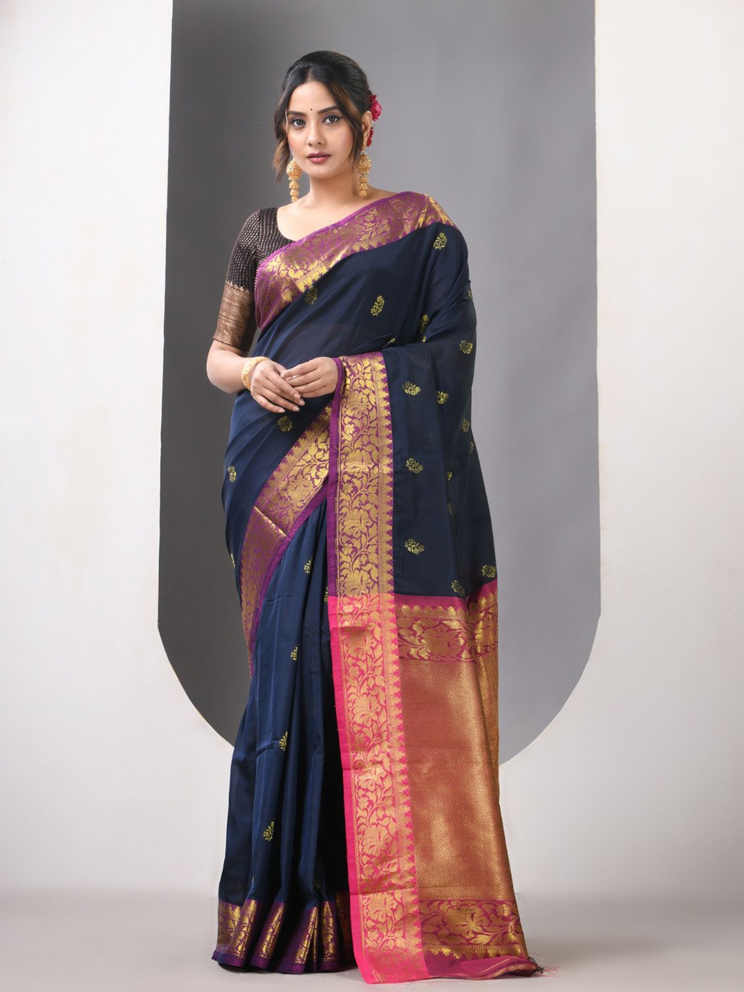 

Charukriti Ethnic Motifs Zari Silk Blend Designer Saree, Navy blue