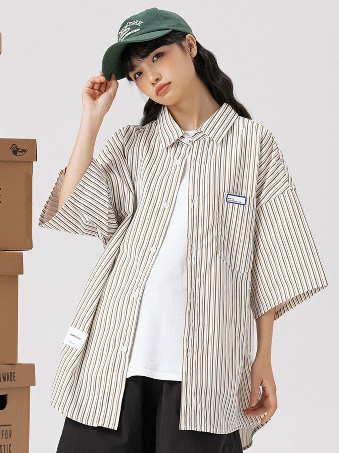 

DressBerry Striped Shirt Style Top, Beige