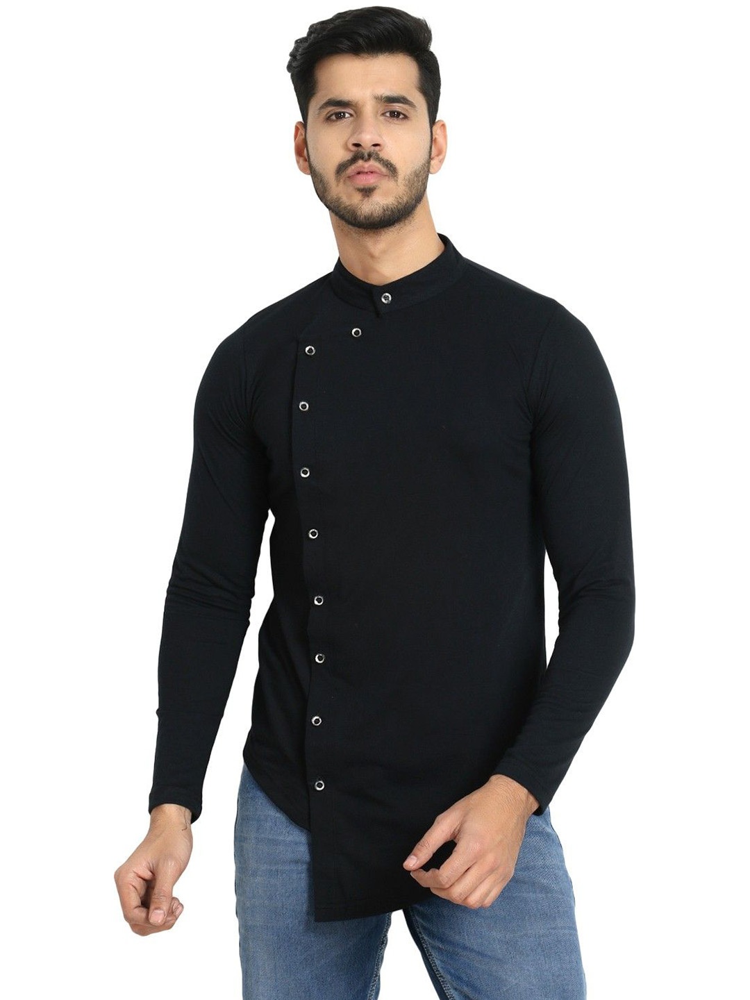 

Black Collection Men Mandarin Collar Cut Outs T-shirt