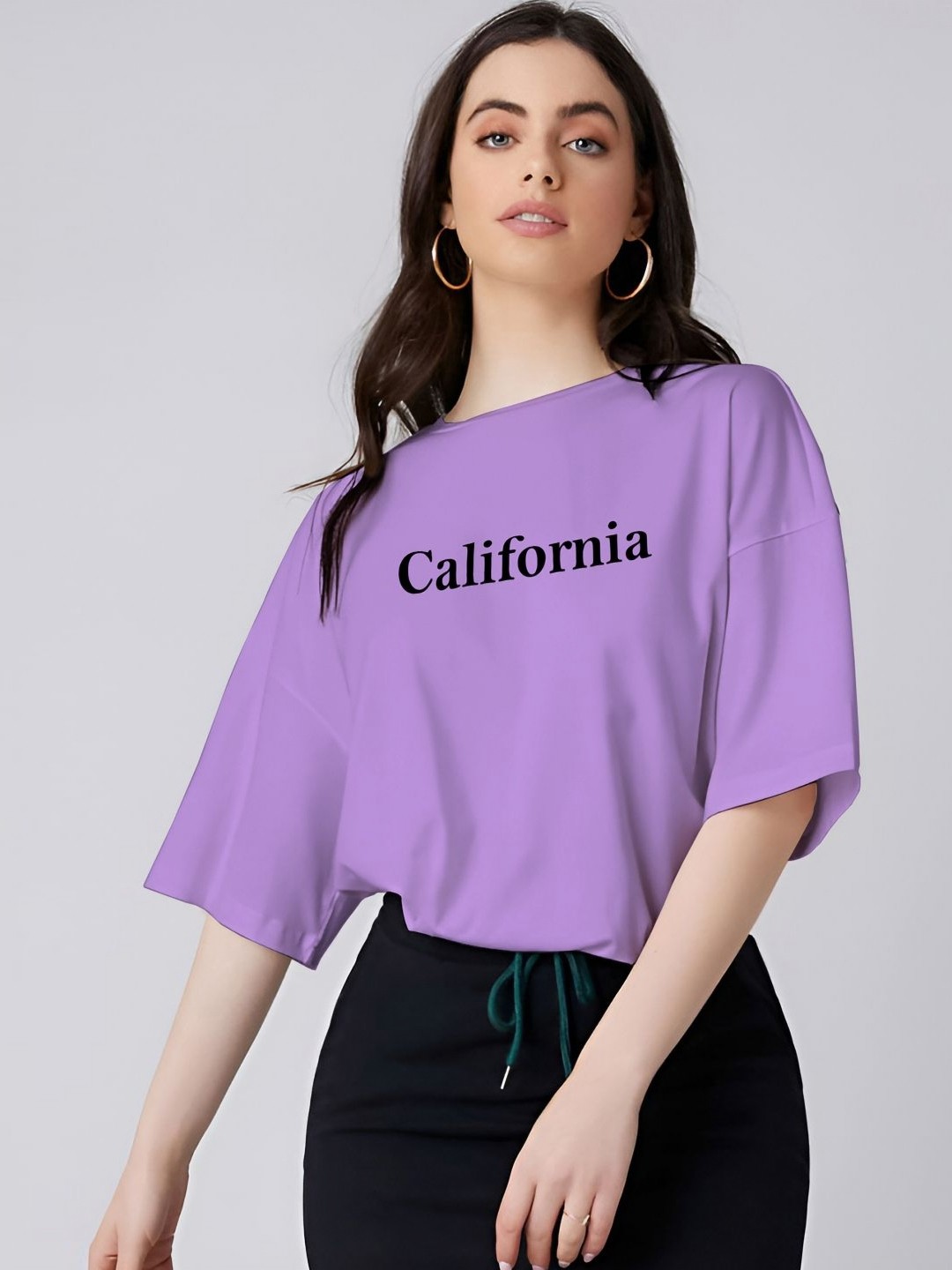

Ajolli Women Typography Printed Round Neck Cotton Oversized T-shirt, Lavender